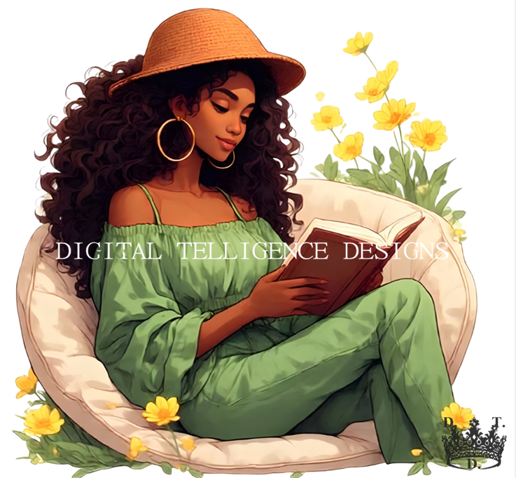 BLACK READING GIRLS VIBING IN THE SPRING GROWTH & REFLECTION AFFIRMATIONS 72 PNGS PLUS CLIPART STICKERS D OFFICIAL COPY BY DIGITAL TELLIGENCE DESIGNS.COM.png