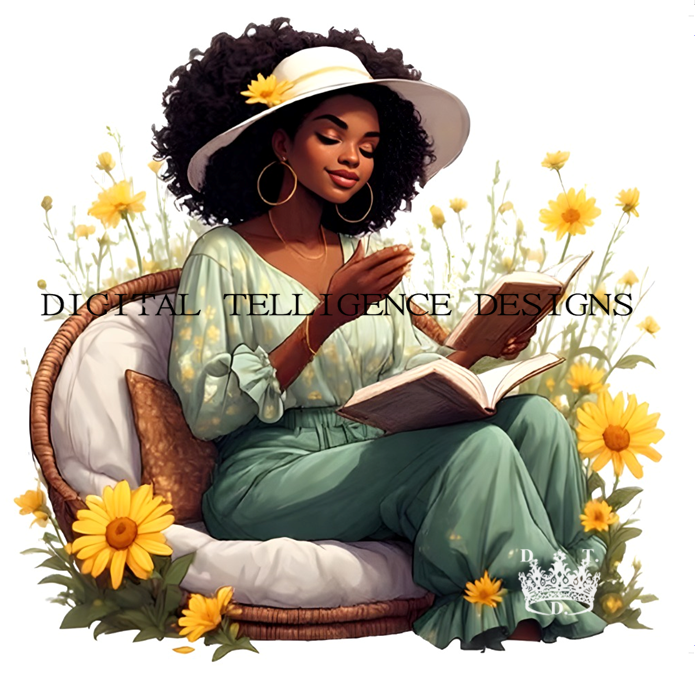BLACK READING GIRLS VIBING IN THE SPRING GROWTH & REFLECTION AFFIRMATIONS 72 PNGS PLUS CLIPART STICKERS  I OFFICIAL COPY BY DIGITAL TELLIGENCE DESIGNS.COM.png