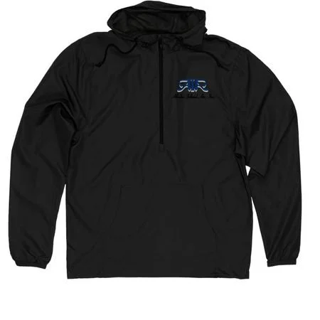 Black hooded jacket with a logo on the chest.