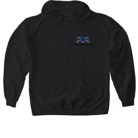 Black hoodie with a small logo or text on the chest area, featuring a blue and white design.