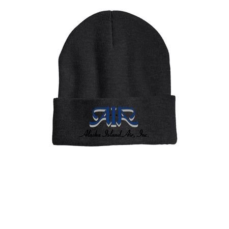 Black knit beanie hat with blue and white logo and black text reading 'Alaska Island Air Inc.' at the front.