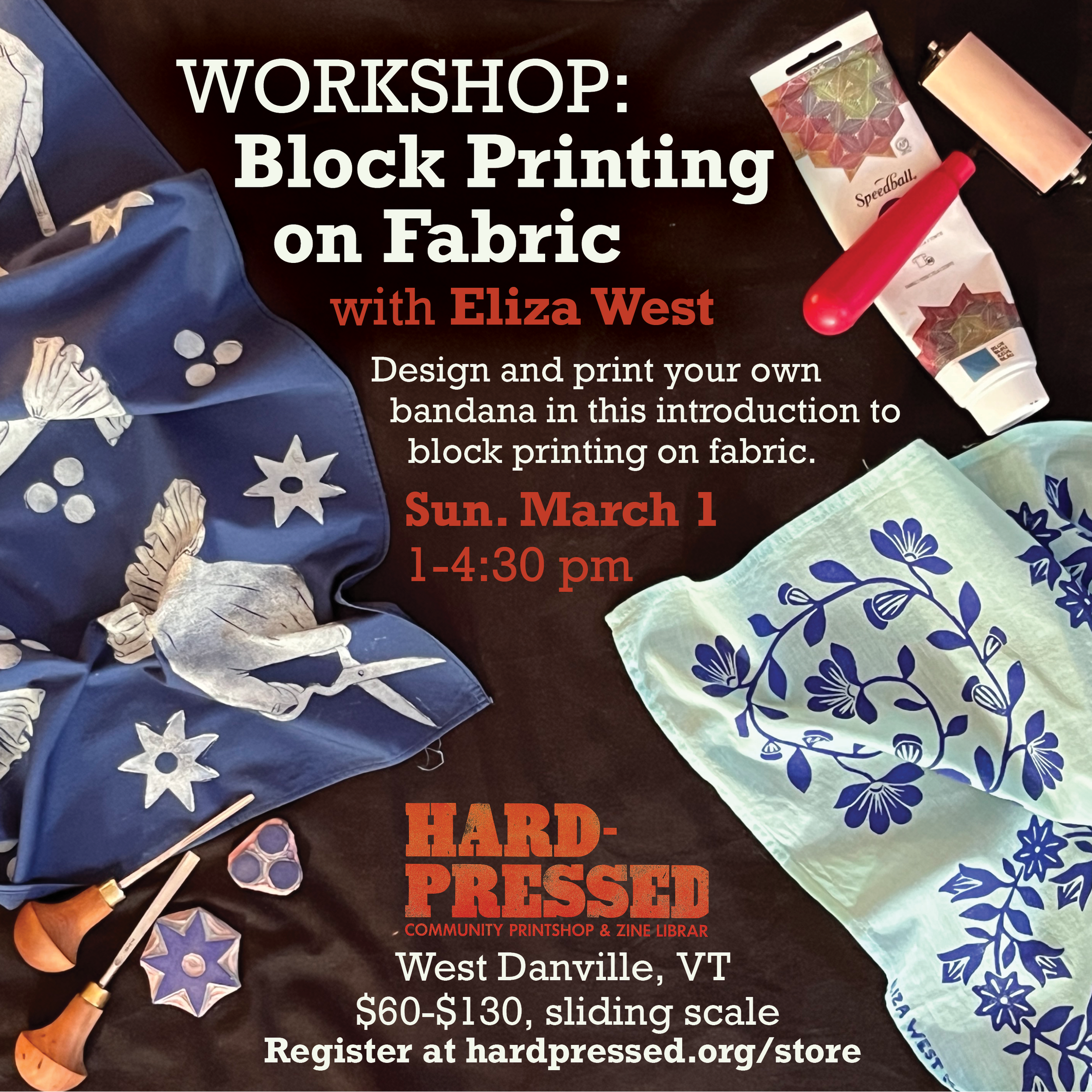 Blockprinting on Fabric: Make a Bandana: Sunday, March 1st, 1-4:30 pm