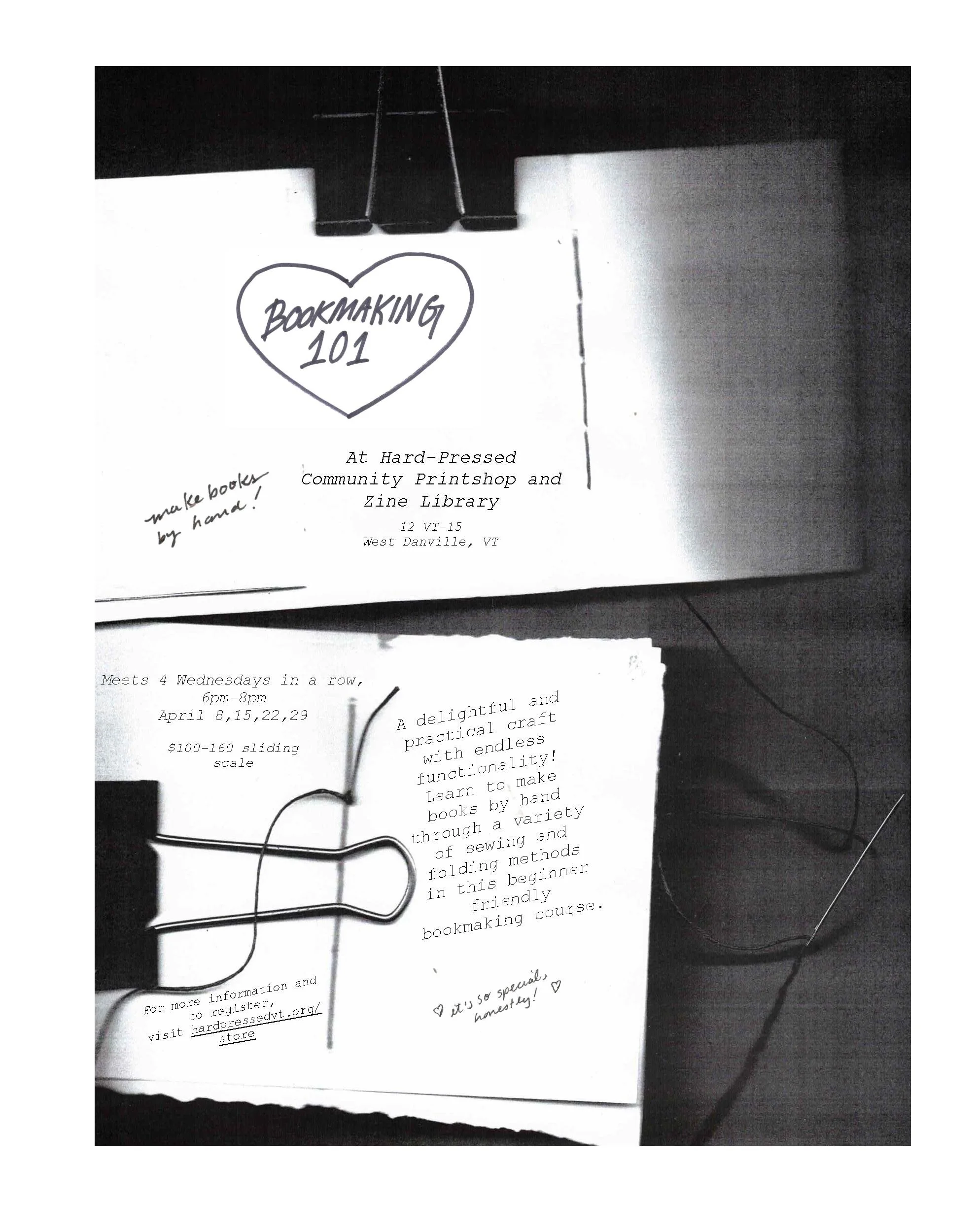 Bookmaking 101: Wednesdays 6pm-8pm, April 8, 15, 22, 29