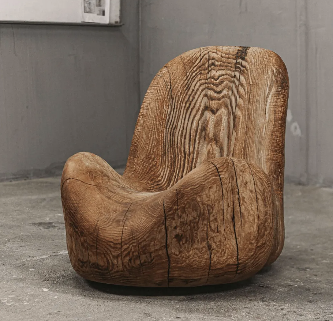Rustic Brutalist Carved Ash Chair