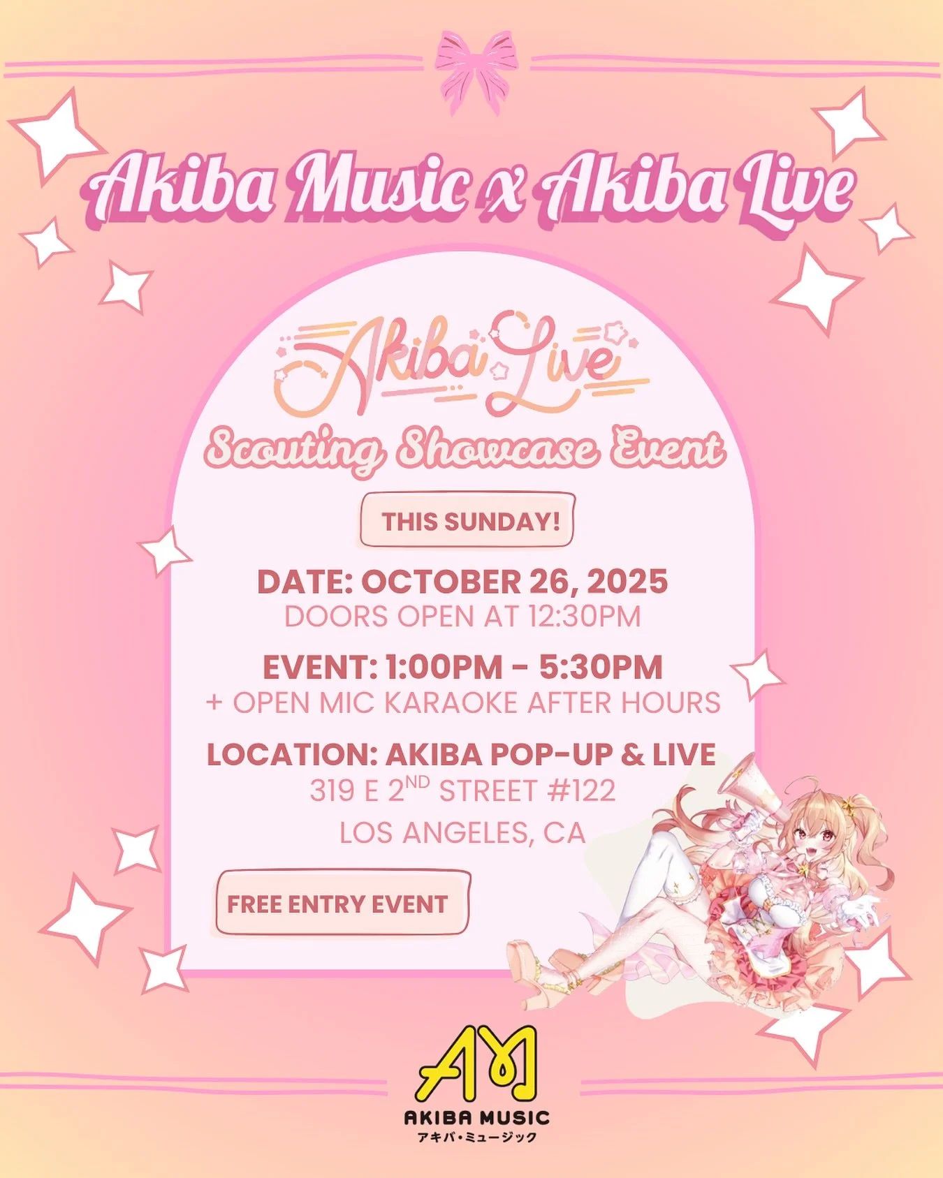 🌟 Calling All Anisong &amp; Idol Fans! 🌟

Please join us at Akiba Live, presented by Akiba Music, featuring the finalists of our talent search&mdash;ready to shine bright on stage with unforgettable performances! 🎤

🎶 FREE ENTRY! Come experience 