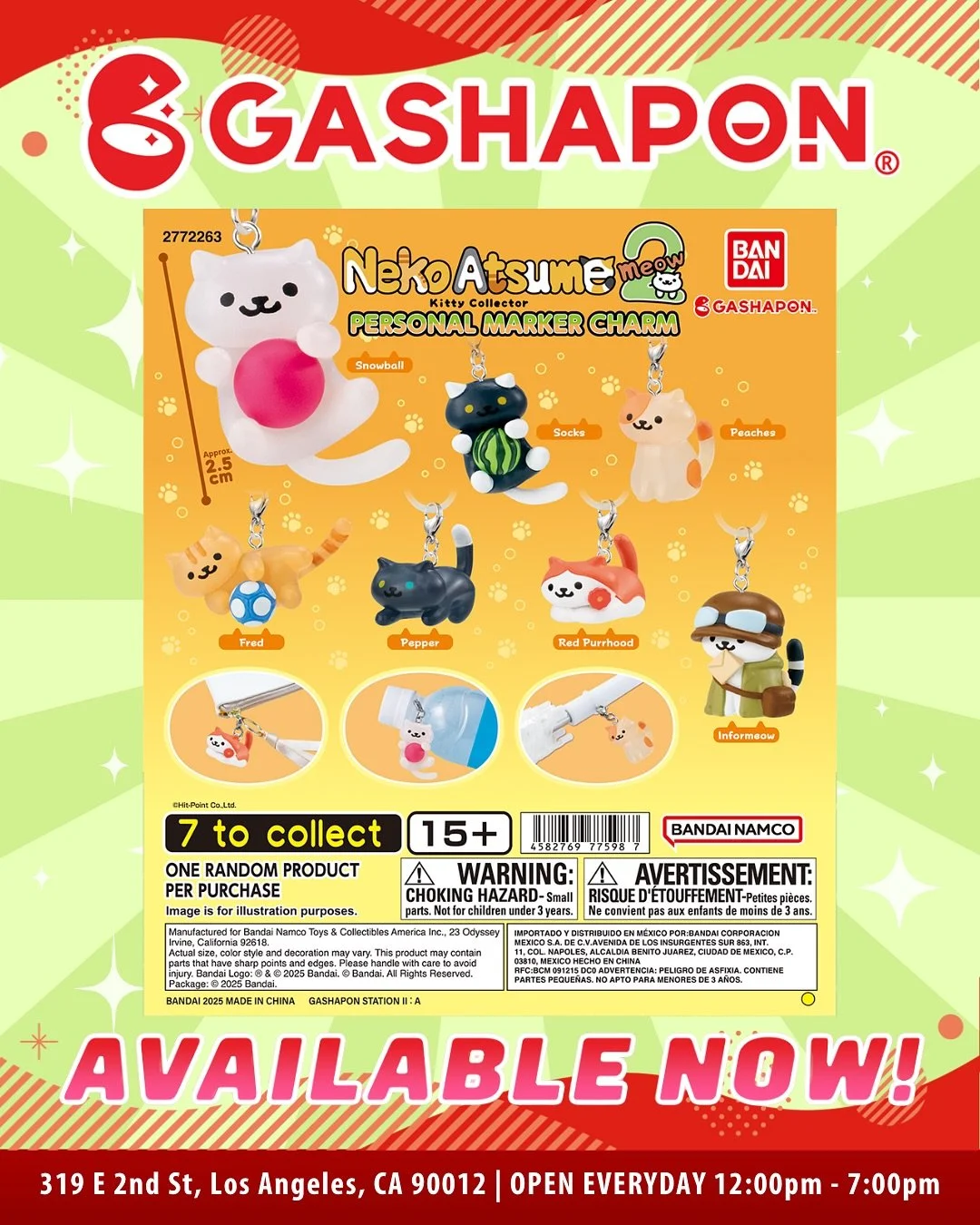 Here are some of our products available at our Anime Gashapon store now! ✨

Come give us a visit! 
📍319 E 2nd St, Los Angeles, CA 90012
Open 12-7PM (EXCEPT Tuesdays in November)

#bandai #gashapon #littletokyo #losangeles #bandaigashapon #anime #lit
