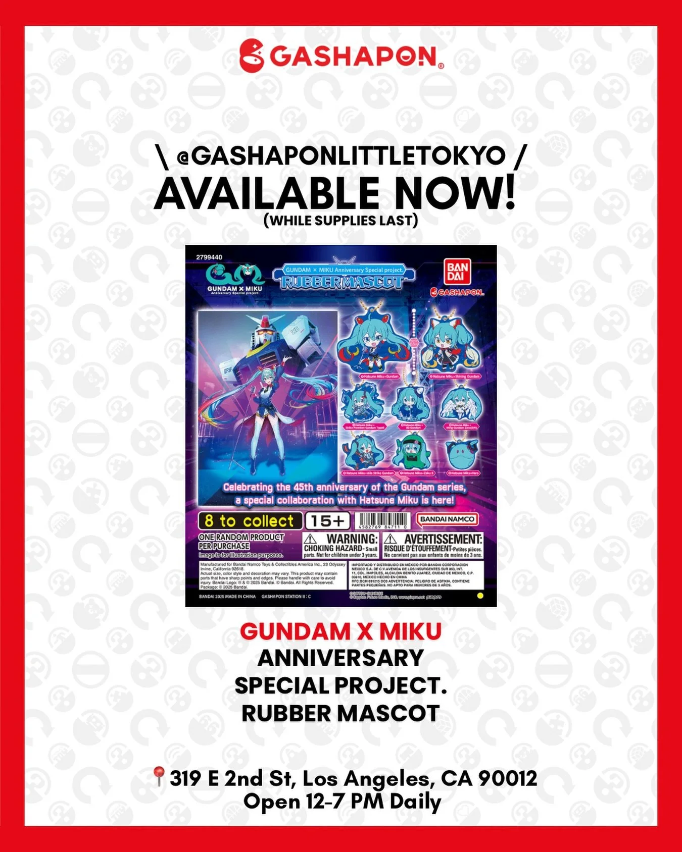 GUNDAM X MIKU ANNIVERSARY SPECIAL PROJECT. RUBBER MASCOT drops today! 🔥

Stocked on 4/28/2026, available while supplies last!

Visit Anime Gashapon soon!
📍319 E. 2nd St. Los Angeles, CA 90012

#bandai #gashapon #littleakihabara #littletokyo #hatsun