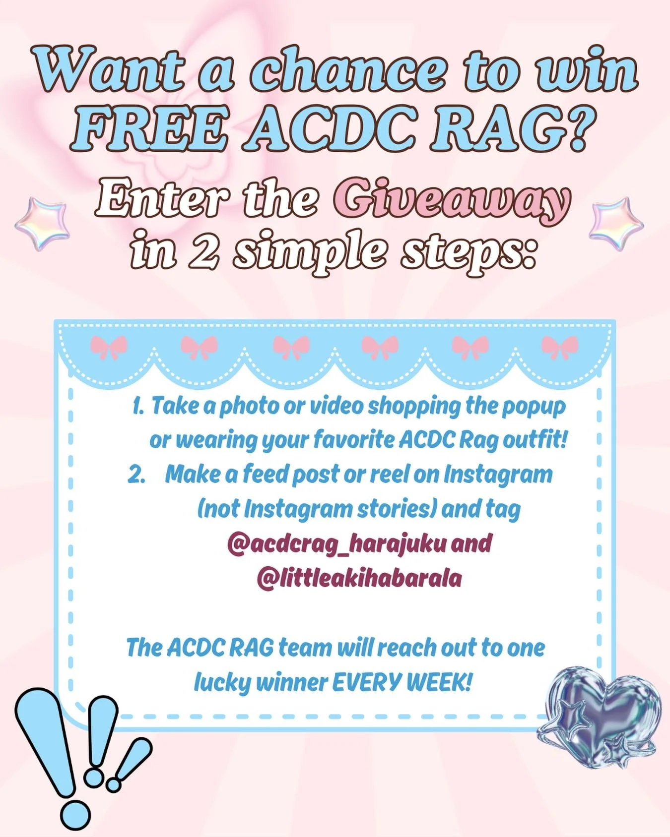 🌈✨Want a chance to win some ACDC RAG swag? 

Well now&rsquo;s your chance with 2 easy steps: 
1️⃣Take a photo or video shopping the ACDC RAG pop-up store or wear your favorite ACDC RAG outfit! 

2️⃣Make a feed post or reel on Instagram (not Instagra