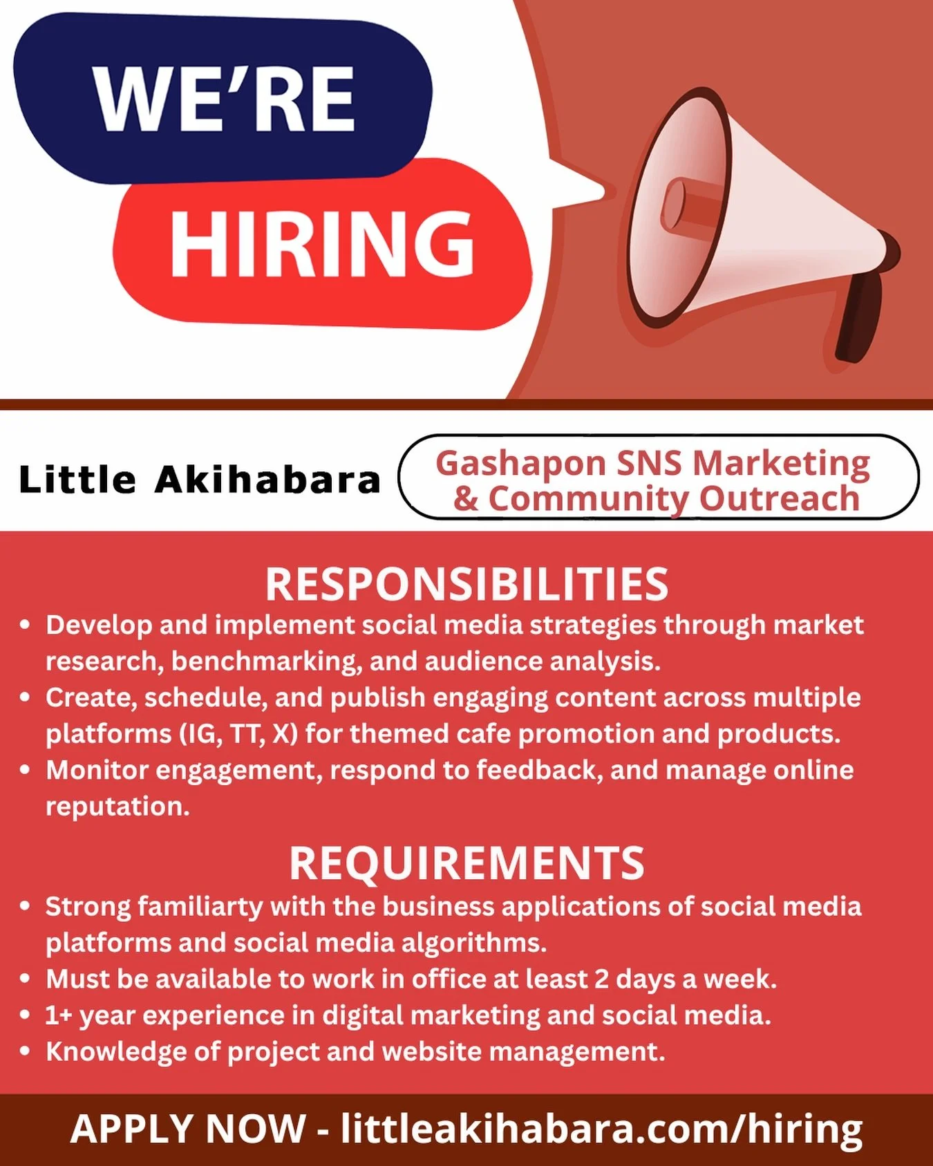 📣 JOIN OUR TEAM! 📣

Do you love Gashapon?!
We&rsquo;re looking for a Gashapon SNS Marketing and Community Outreach Specialist! ✨

📍319 E 2nd St. Los Angeles, CA 90012
🌟Starting at $17.87/hr 
‼️Apply now at littleakihabara.com/hiring