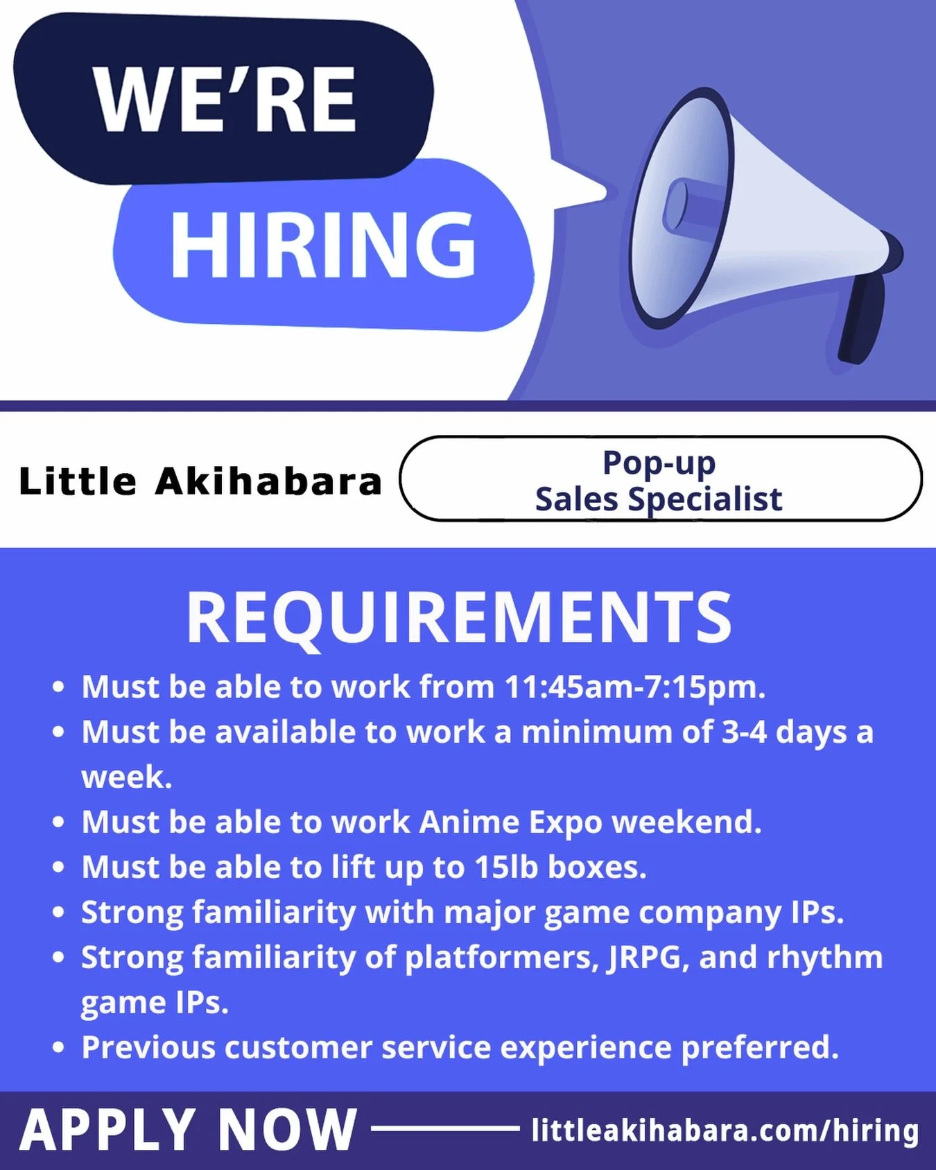 📣 JOIN OUR TEAM! 

We&rsquo;re looking for team members who have strong familiarity with platformers, JRPG, and rhythm game IPs! 🎮

💫17.87/hr
📍319 E 2nd Street Los Angeles, CA 90012
👉🏼Apply at the link in our bio!