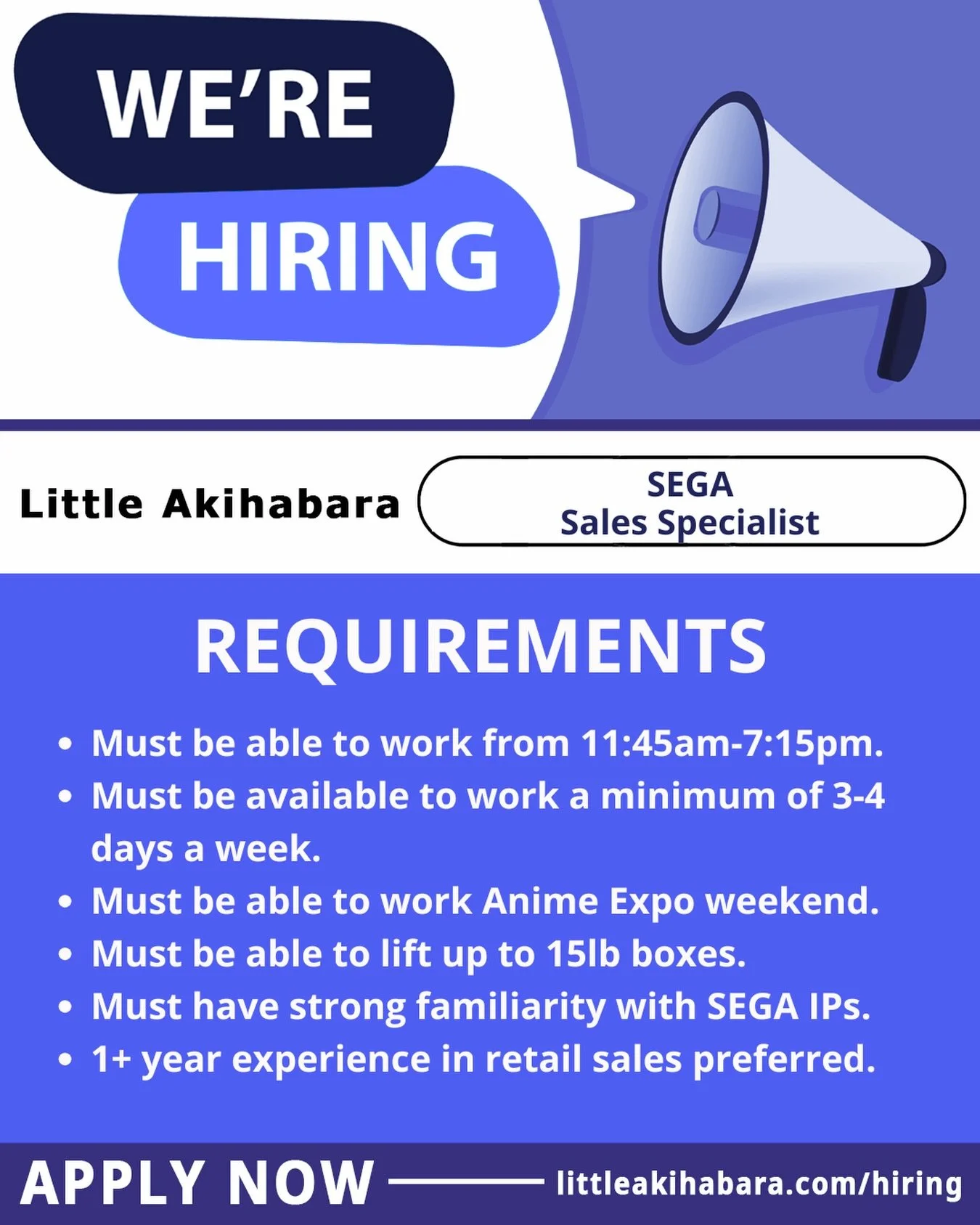 📣 JOIN OUR TEAM! 

We&rsquo;re looking for team members who have strong familiarity with SEGA IPs! 🎮💙

💫17.87/hr
📍319 E 2nd Street Los Angeles, CA 90012
👉🏼Apply at the link in our bio!