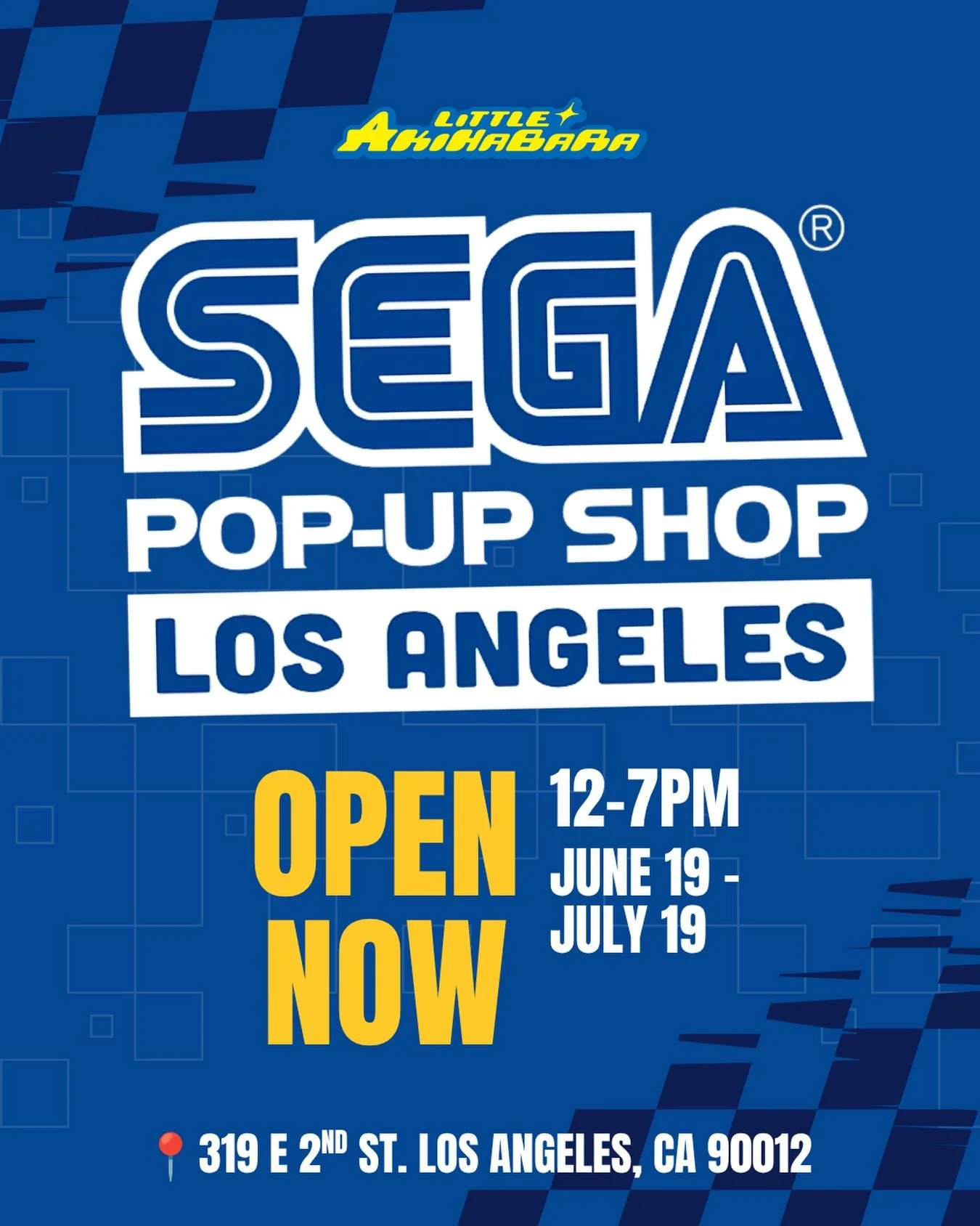 SEGA POP-UP SHOP OPEN NOW 👀

Enjoy a variety of merchandise items including exclusive items found only at the pop-up ‼️

Stay tuned for more updates 🤔✨

🗓️June 19 - July 19, 2026
⏰12:00PM-7:00PM 
📍Little Tokyo, 319 E 2nd St, Los Angeles, CA 90012