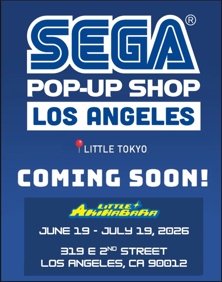 💙 SEGA FANS GET READY 💙

The SEGA pop-up shop is coming to Little Tokyo from June 19 - July 19 and you&rsquo;re invited! 

🎮 For a limited time, we&rsquo;re bringing the full SEGA experience to Little Tokyo. Be sure to drop by to shop exclusive me
