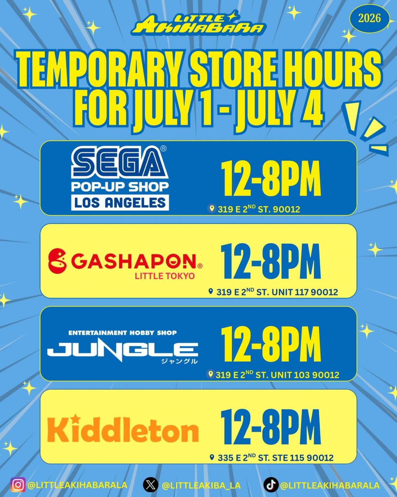 Check out our temporary store hours for @animeexpo week ‼️ Be sure to stop by Little Tokyo on this epic week to maximize your journey and bucket lists 💫

There is lot&rsquo;s to look forward to 👀

Stay Tuned for any further updates
🗓️July 1-4th
⏰1