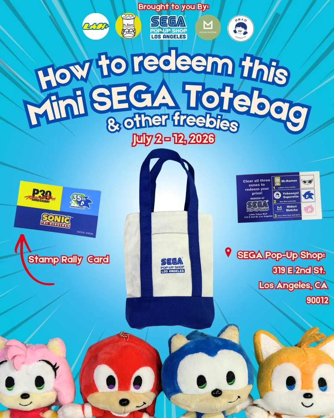 A SEGA Stamp Rally is going on NOW until July 12‼️ 
Featuring Persona and Sonic collab food &amp; drink items and freebies at three locations. 🏃&zwj;♀️✨

📍Rules 📍
1️⃣Receive a stamp rally card at any of the participating stores
2️⃣Visit all 3 of t
