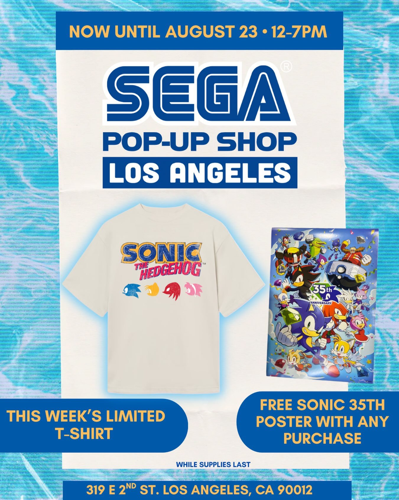 This week, we celebrate the week with Sonic 35TH merchandise alongside a FREE Sonic 35TH poster free with any purchase ‼️

Come by the SEGA pop-up, while supplies last✨🙌🏼

Stay tuned for more updates‼️
⏰12-7PM 
🌀NOW - AUGUST 23, 2026
📍319 E 2nd S