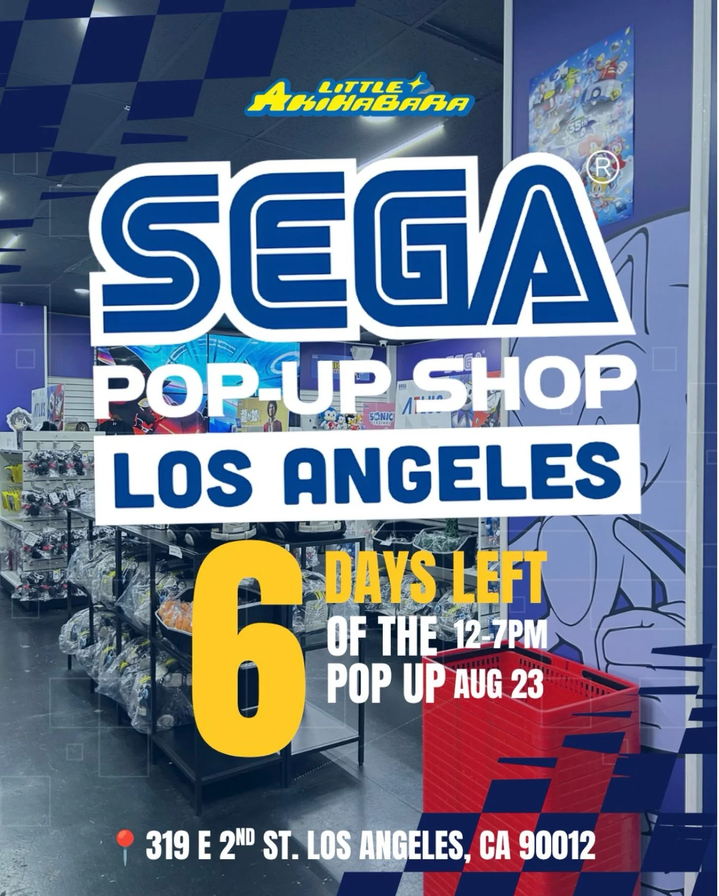 The SEGA Pop-Up is here for 6 more days ‼️
Come get all your Sonic, Persona, and Yakuza means your heart desires✨💙

Expect incoming updates this week!

Stay tuned for more updates‼️
⏰12-7PM 
🌀NOW - AUGUST 23, 2026
📍319 E 2nd St Los Angeles, CA 900