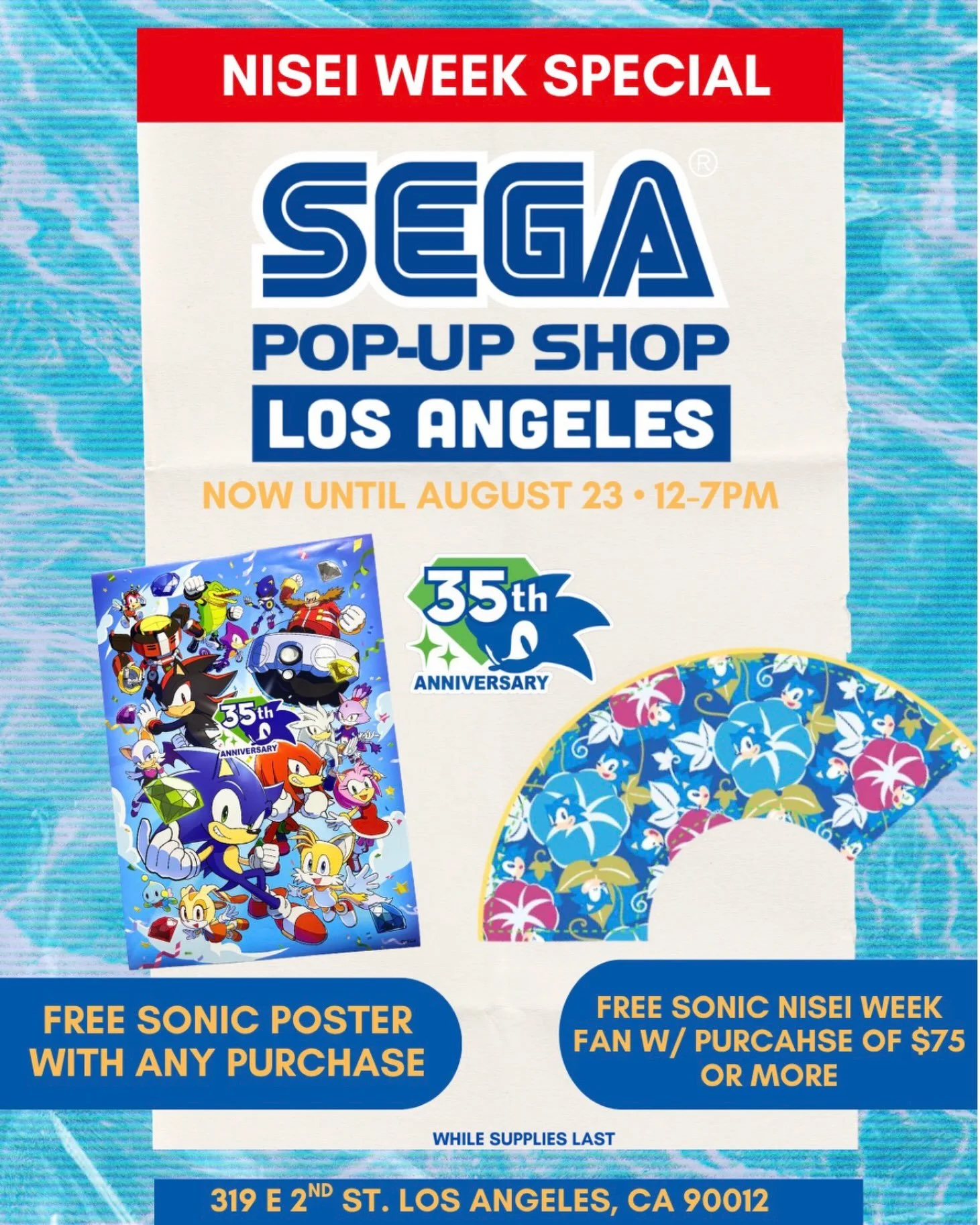 To get into the Nisei Week spirit ‼️ 

The SEGA Pop-Up has the cutest Sonic fan to help cool you cool off this summer 

Come grab it this week before the Pop-up ends💙

Stay tuned for more updates‼️
⏰12-7PM 
🌀NOW - AUGUST 23, 2026
📍319 E 2nd St Los