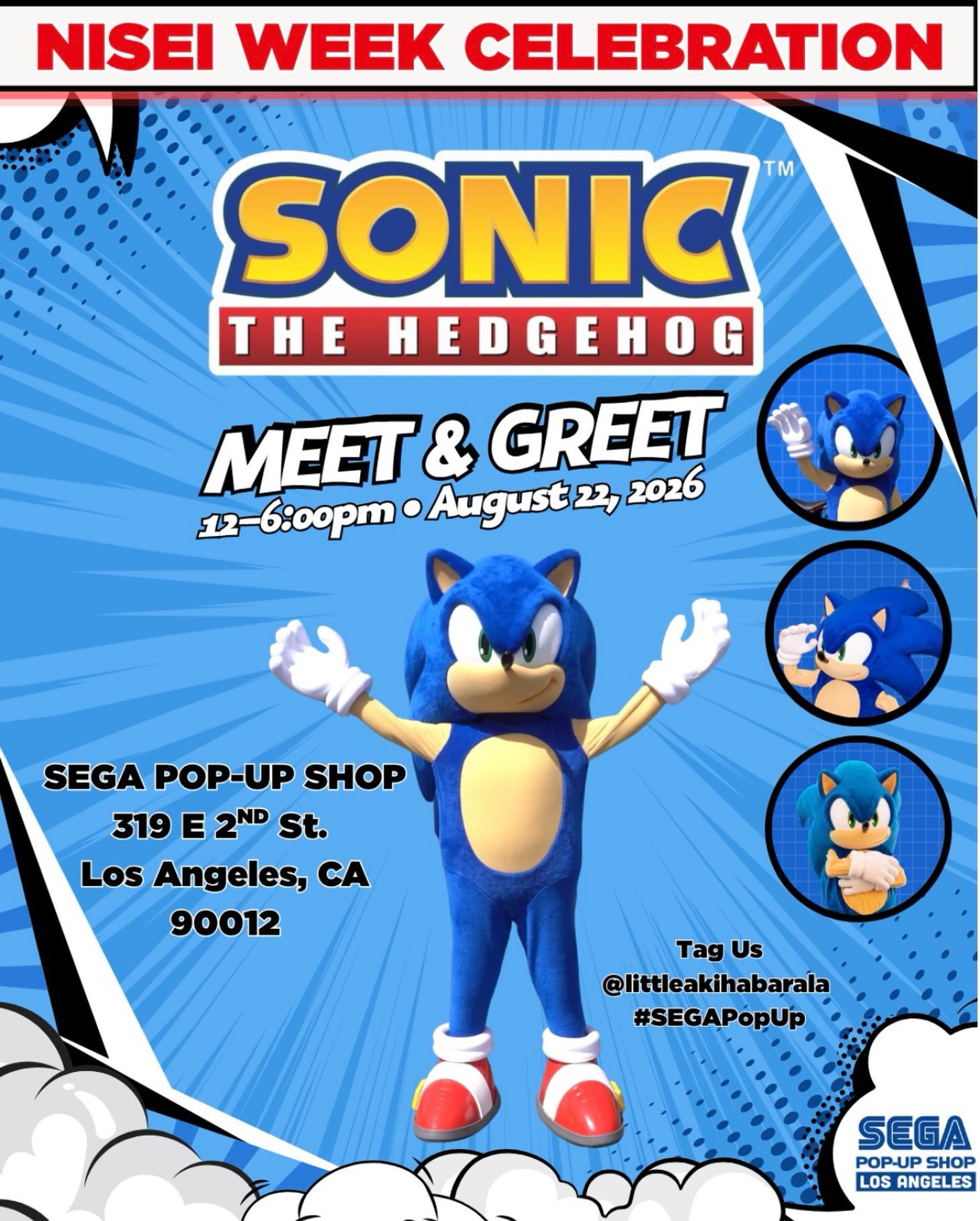 Due to popular request, WE BROUGHT SONIC BACK FOR NISEI WEEK IN LITTLE TOKYO💙✨

Come meet Sonic on Saturday, August 22 from 12-6PM 

SEGA Pop-Up is here for 5️⃣ more days! 

Don&rsquo;t forget to tag us! We love seeing your moments together with Son