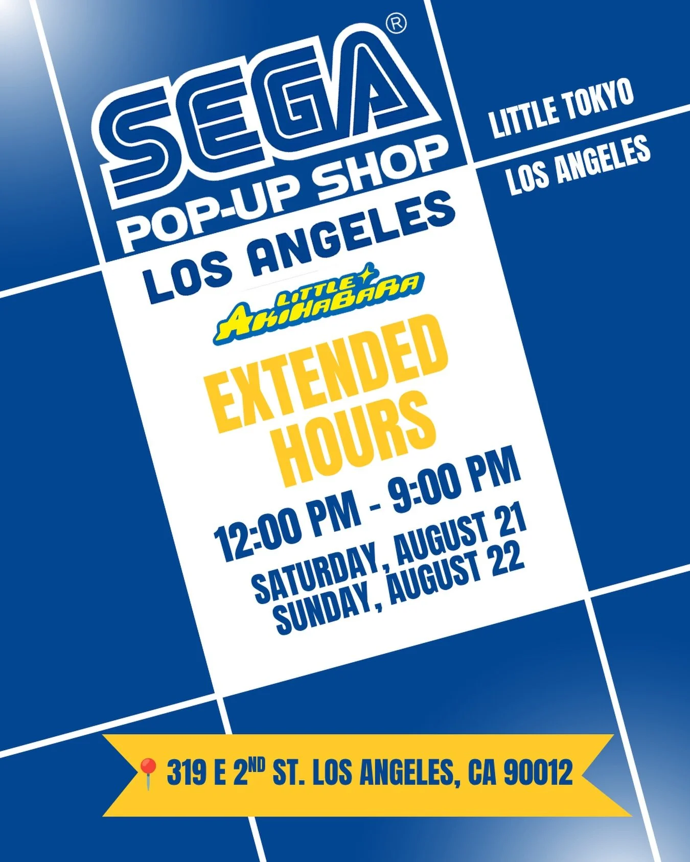 EXTENDED HOURS this Friday and Saturday 🌀

🏃🏻&zwj;♀️💨 LAST CHANCE TO SHOP THE SEGA POP-UP is this weekend!! 

📍319 E 2nd St Los Angeles, CA 90012
📆 12PM - 9PM Friday and Saturday
12PM - 7PM Sunday 

#SEGA #littletokyo #segapopup #atlus #littlet