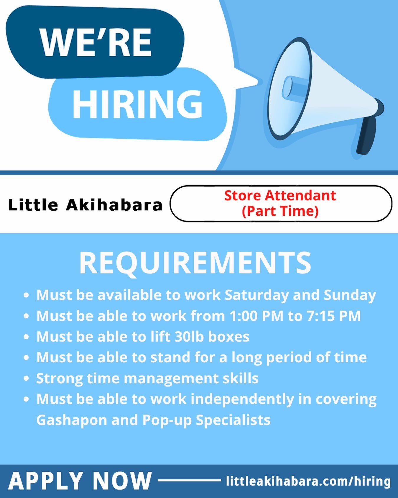 ✨Join Our Team✨
We&rsquo;re looking for an organized individual to join our team as a Gashapon &amp; Pop-up Store Attendant. If this seems like you, apply link in bio!!! 

💫$18.42/ hr 
💫319 E 2nd St. Los Angeles, CA 90012 
💫Apply link in bio ‼️
 
