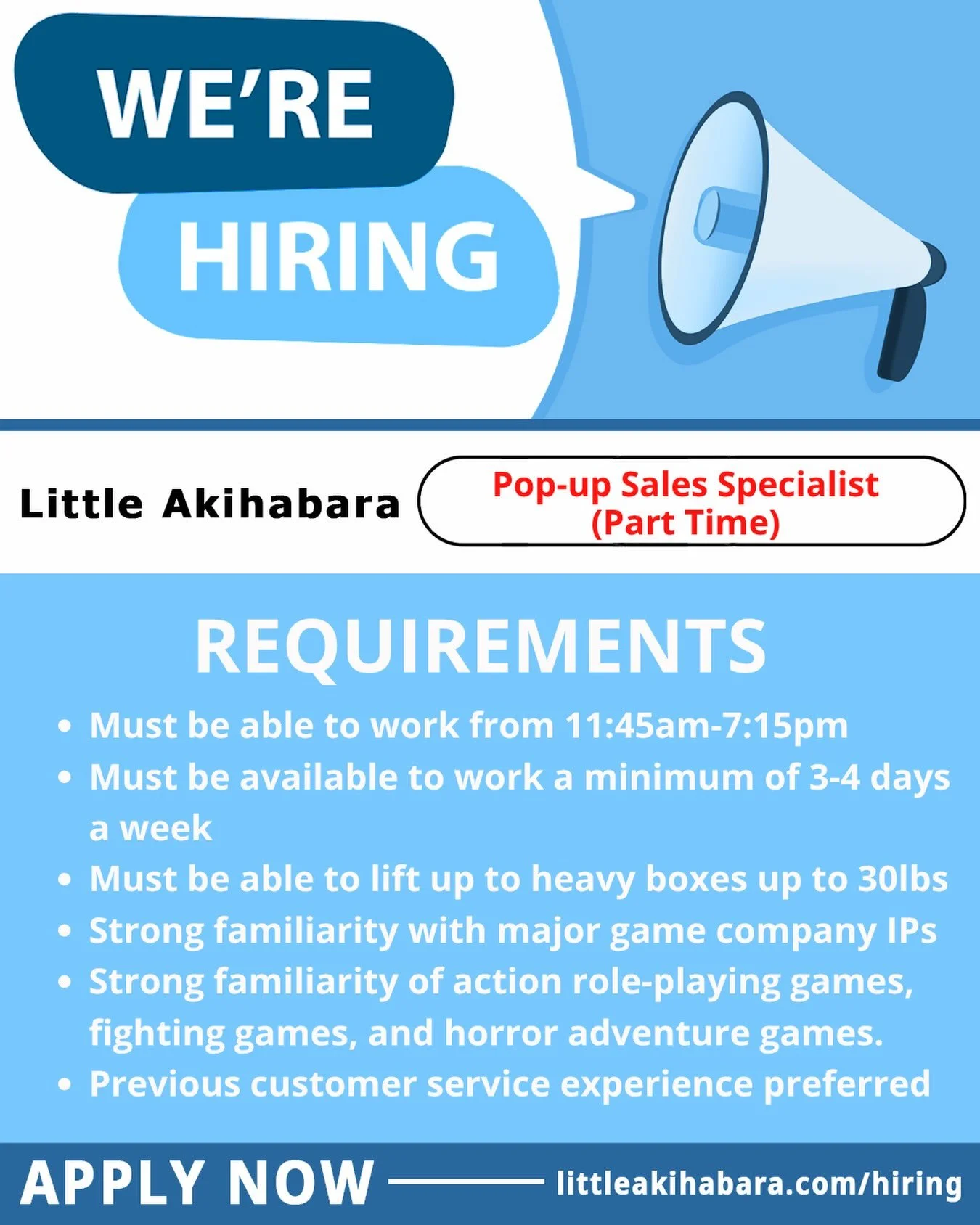 ✨Join Our Team✨
We&rsquo;re looking for passionate people who have an expertise in knowledge with several video game IPS. If this seems like you, apply link in bio!!! 

💫$18.42/ hr 
💫319 E 2nd St. Los Angeles, CA 90012 
💫Apply link in bio ‼️

#Lit