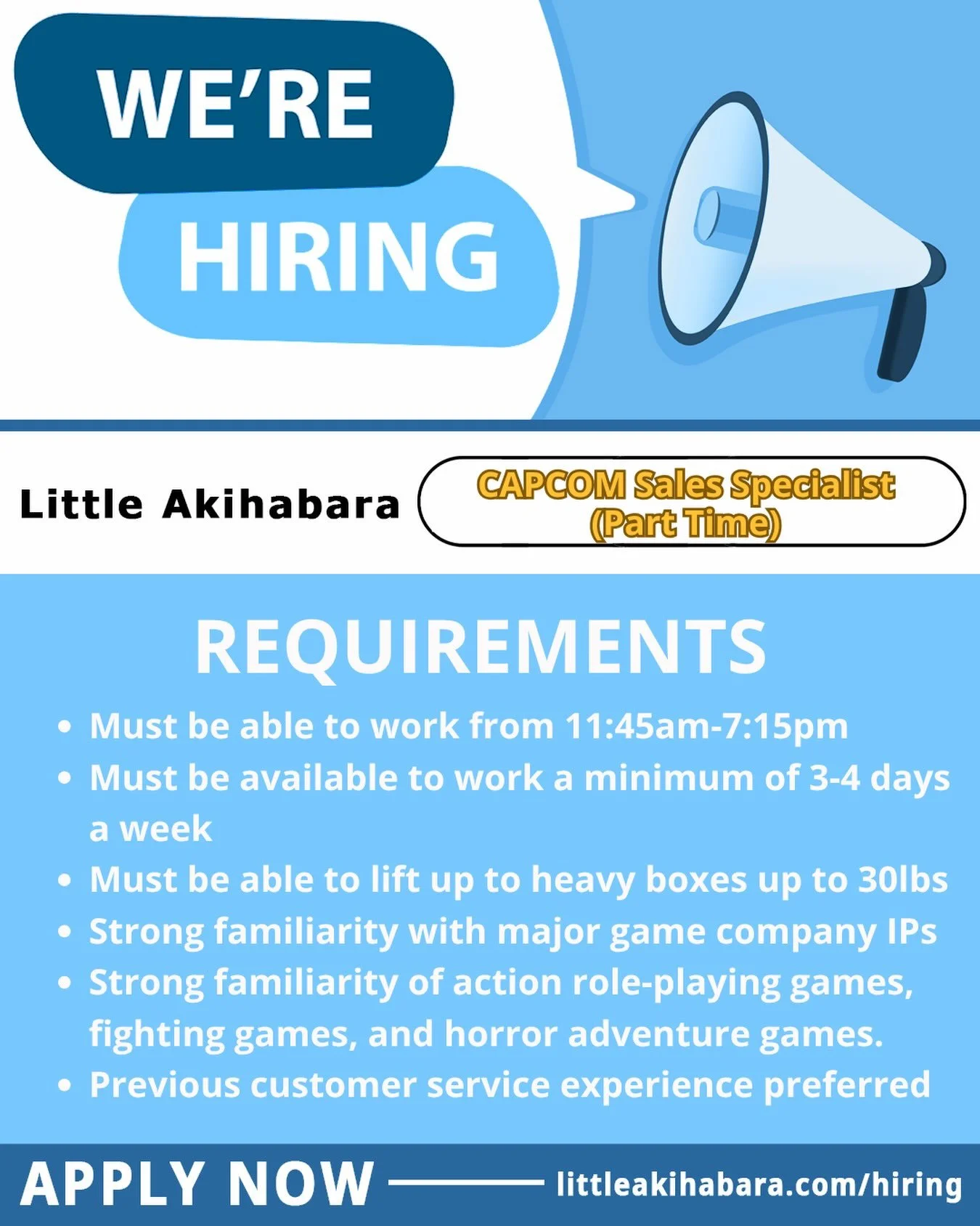 ✨Join Our Team✨

We&rsquo;re looking for passionate people who have an expertise in knowledge with several CAPCOM video game IPS. If this seems like you, apply link in bio!!! 

💫$18.42/hr
💫319 E 2ND St. Los Angeles, CA 90012 
💫Apply link in bio

#