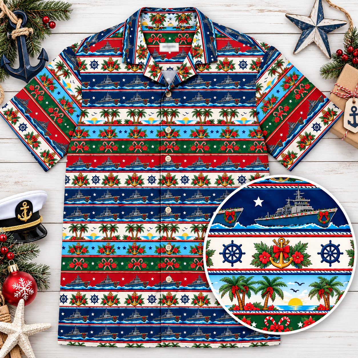 Deck the Hulls – Navy-Inspired Ugly Christmas Hawaiian Shirt