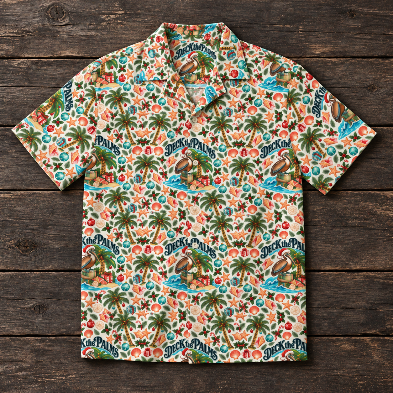 Deck the Palms Hawaiian Shirt Flat Lay.png