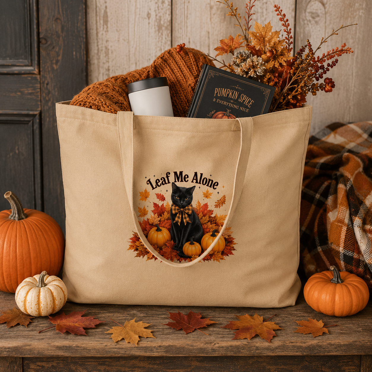 Leaf Me Alone Organic Shopping Tote, Black Cat