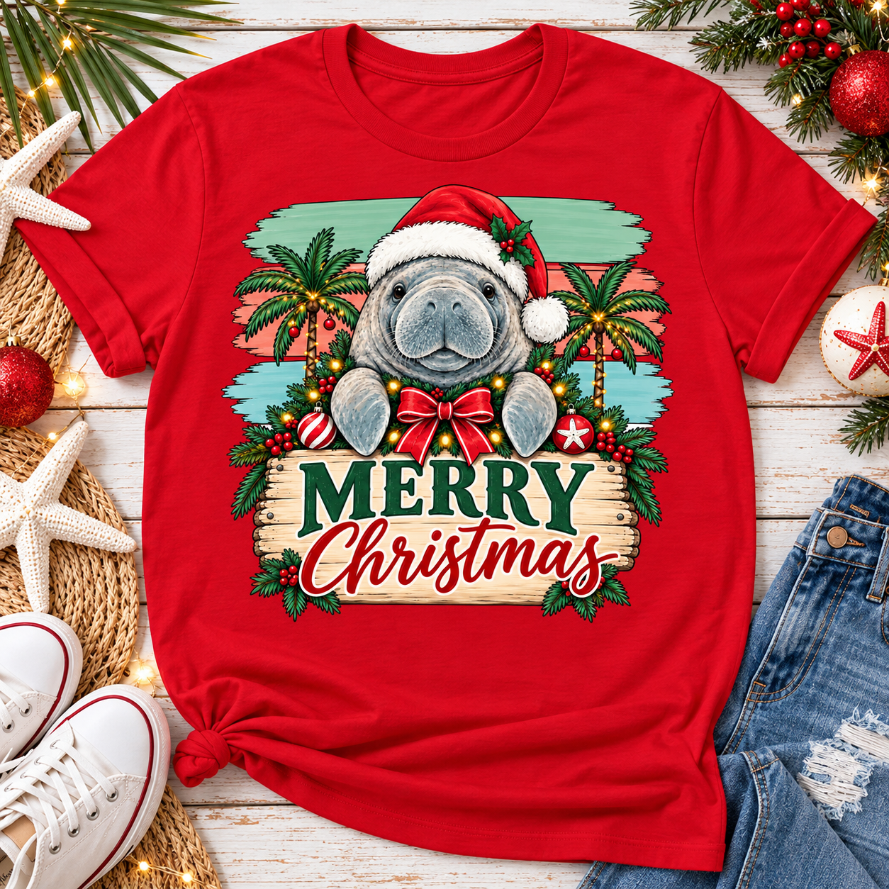 Manatee Christmas Tee, Florida Christmas