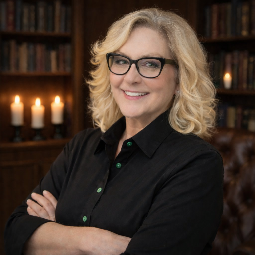 A woman with blonde, curly hair and glasses smiling and crossing her arms in front of a wooden bookshelf with lit candles in the background. Owner of Stay Sea Smiles.