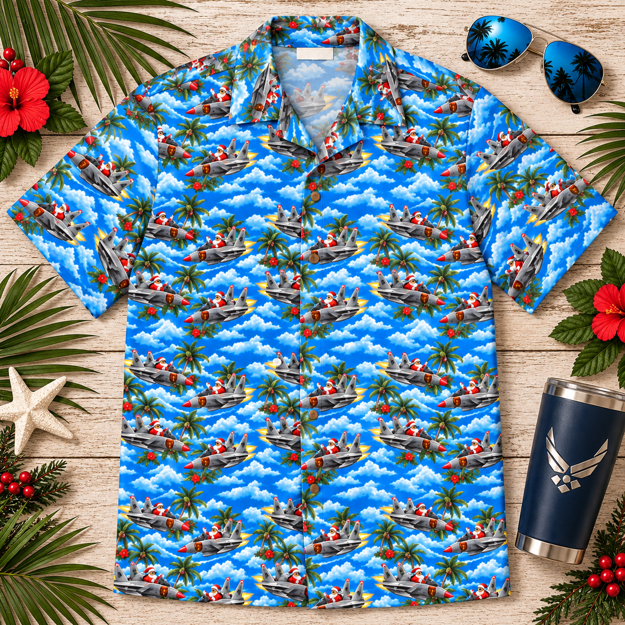 Tropical Santa Jet Aloha Shirt Flat Lay.png