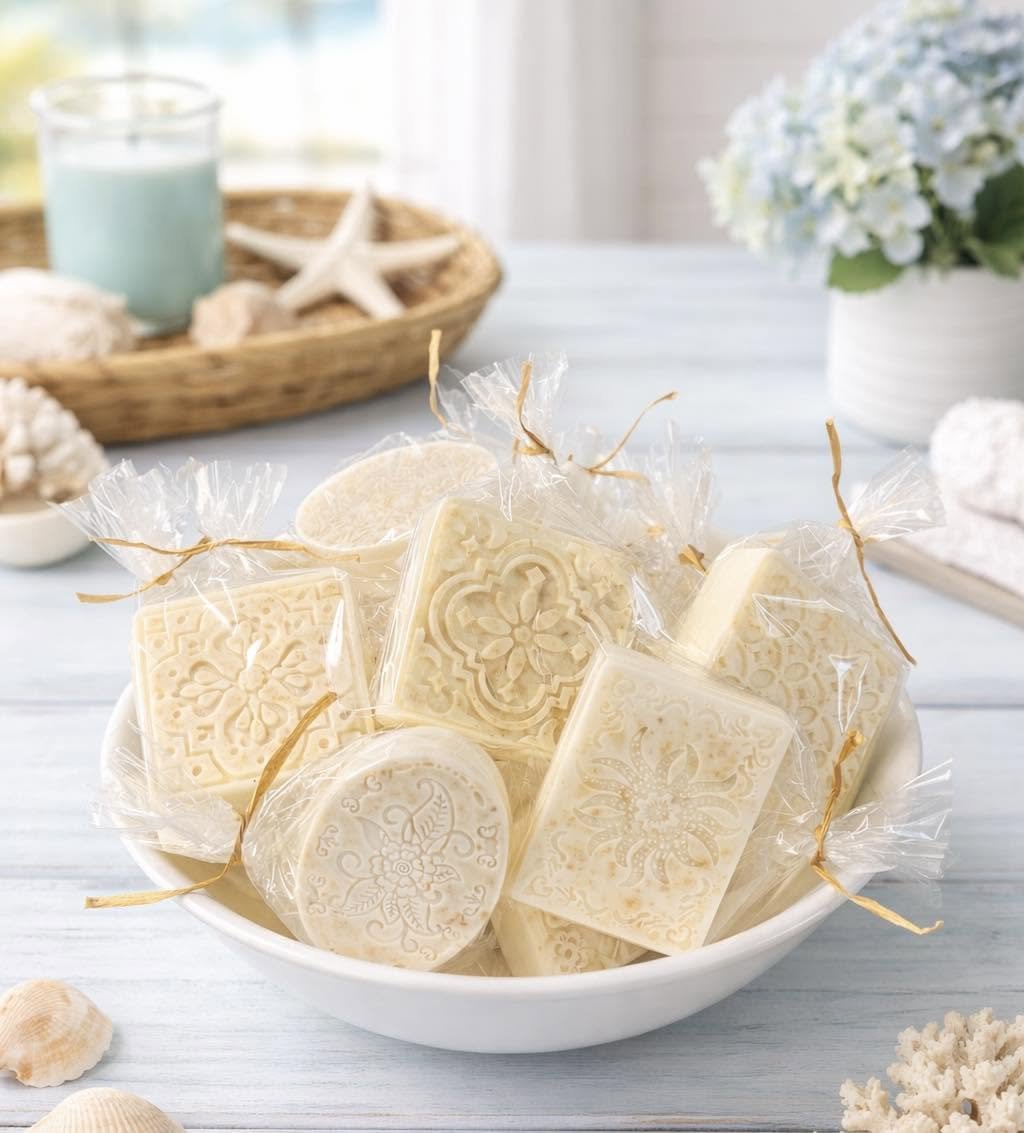 A white bowl filled with wrapped soap bars with intricate designs, on a light blue wooden surface with seashells, starfish, and a basket of shells and a candle in the background.