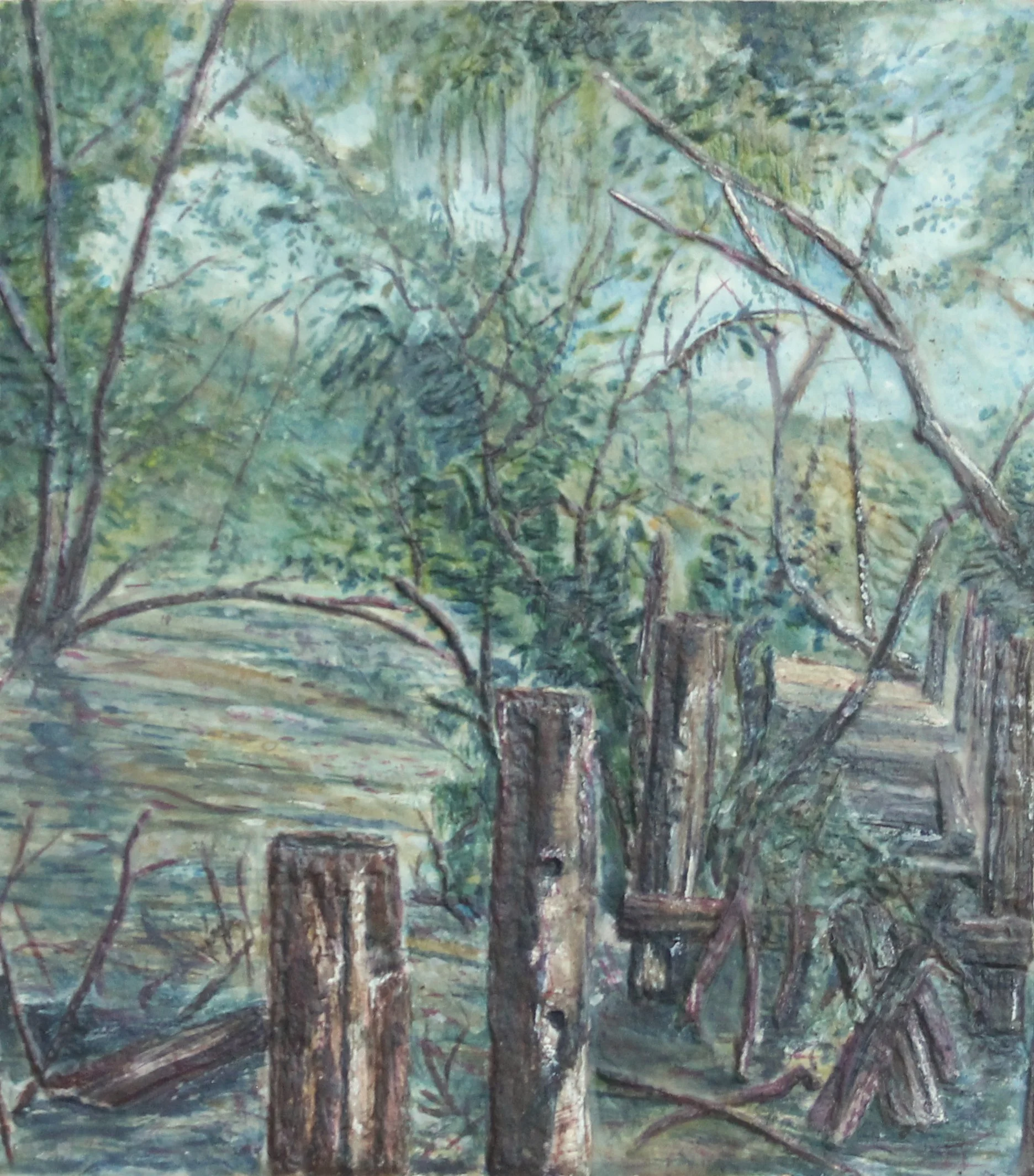 Lost Pylons 2, watercolor, wax, recycled paper on panel, 12'' x 10.375''