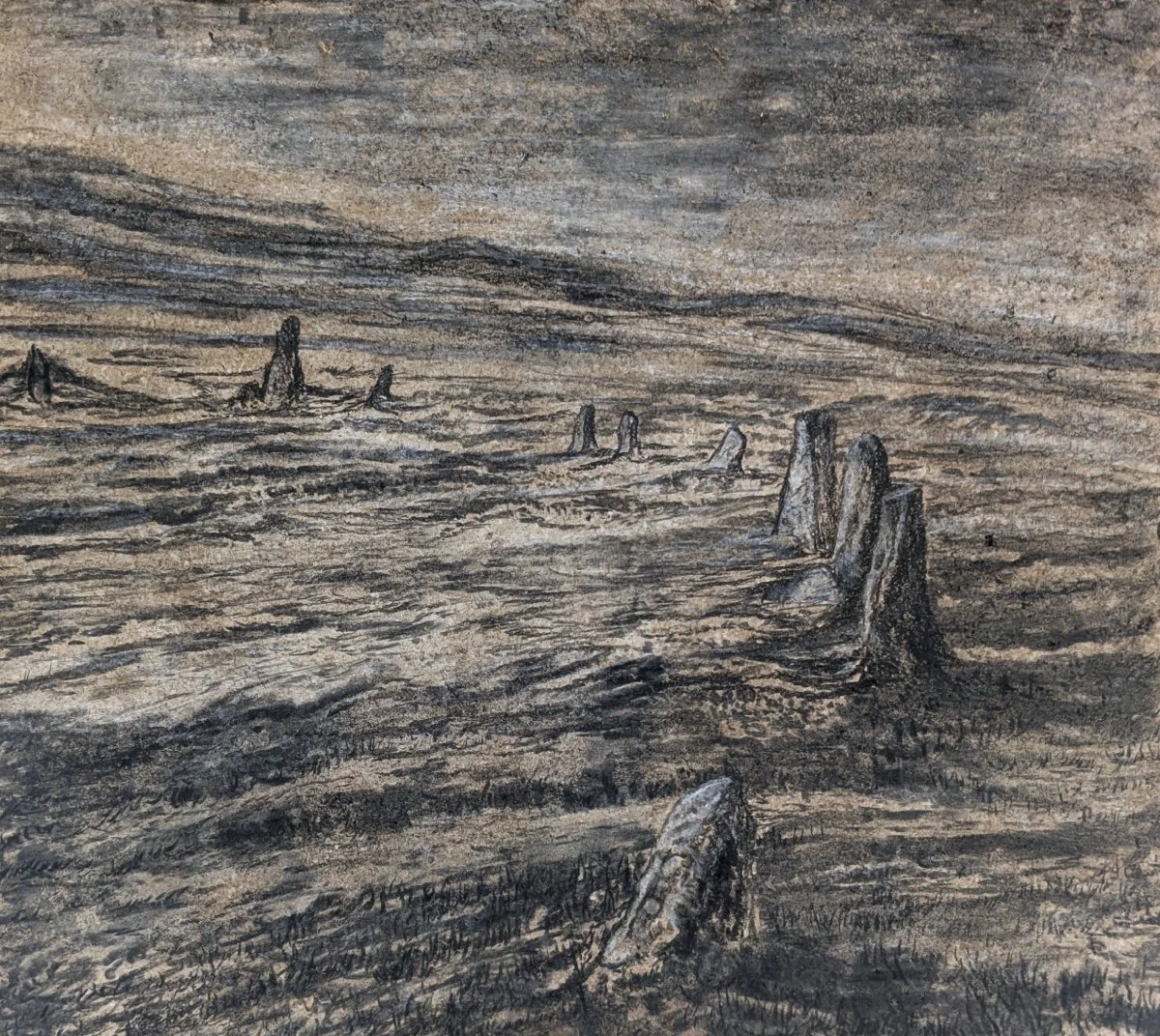 Ancient Queue,  charcoal and wax pastel on paperboard, 12'' x 16''