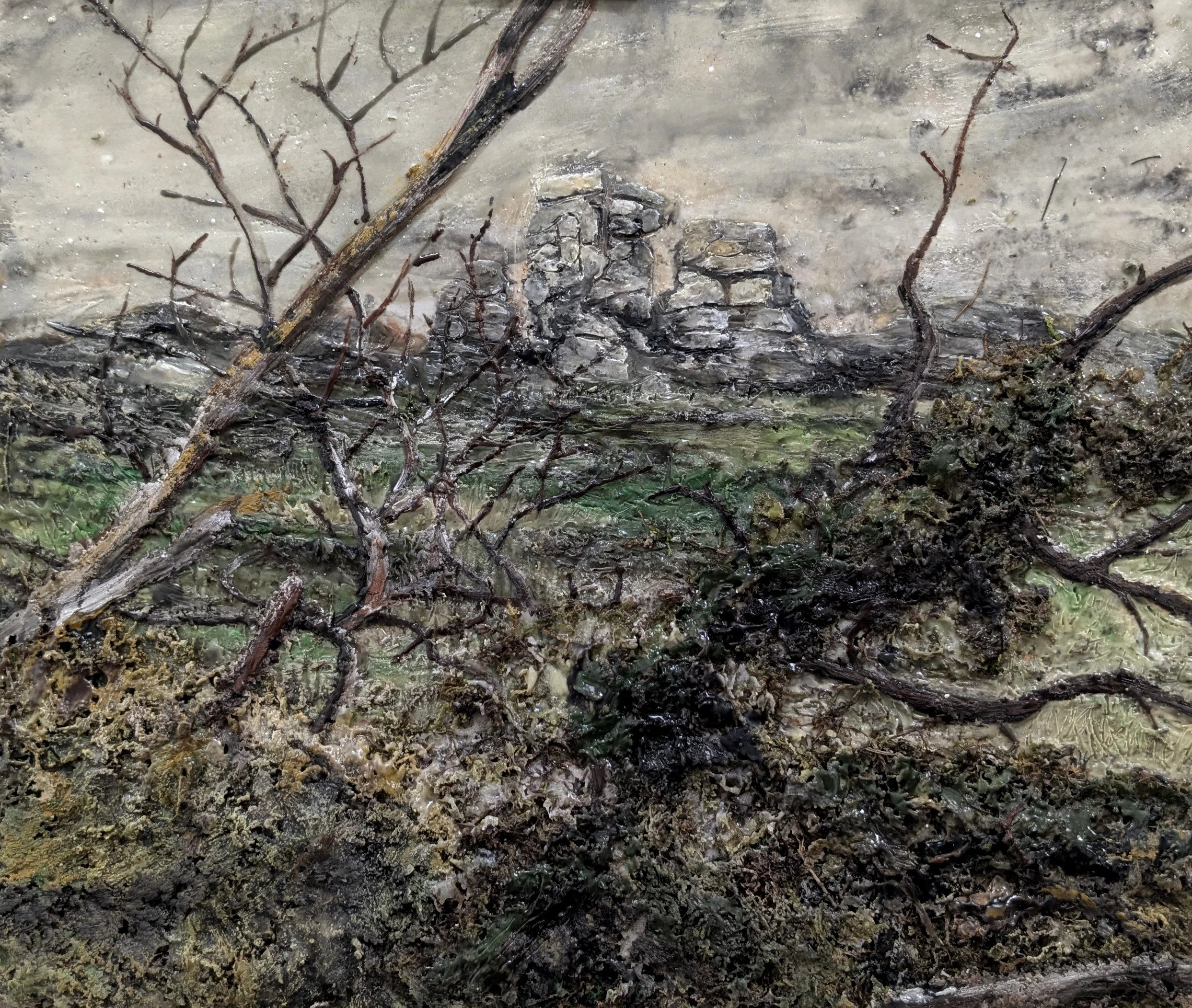 A Stone’s Throw Away
encaustic and moss on paperboard
14’’ x 16’’
