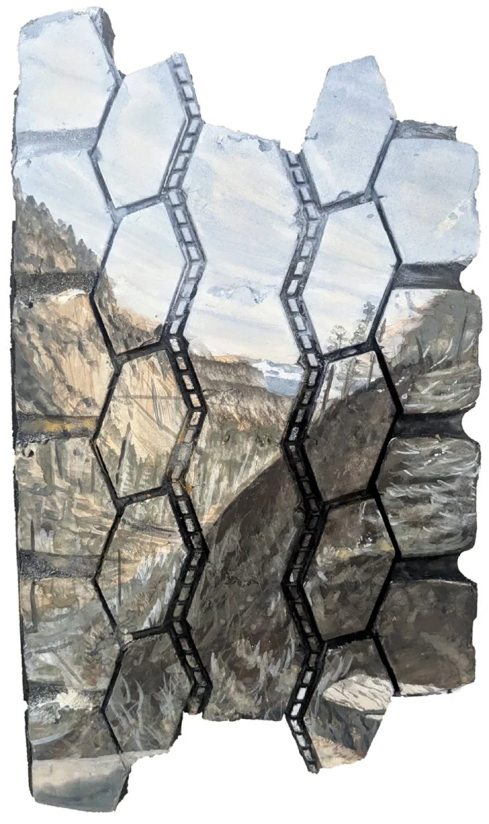  Road Trip 5 - Biding Time Near Bandelier, 2025
gouache on tire tread
15.5’’ x 9’’