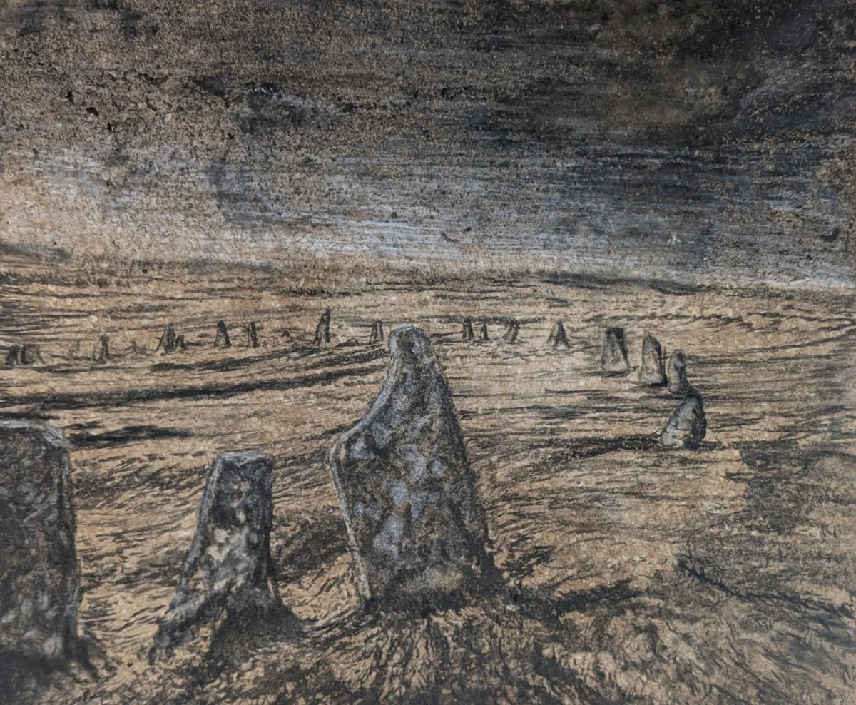 Monumental Gathering, charcoal and wax pastel on paperboard, 14'' x 16''