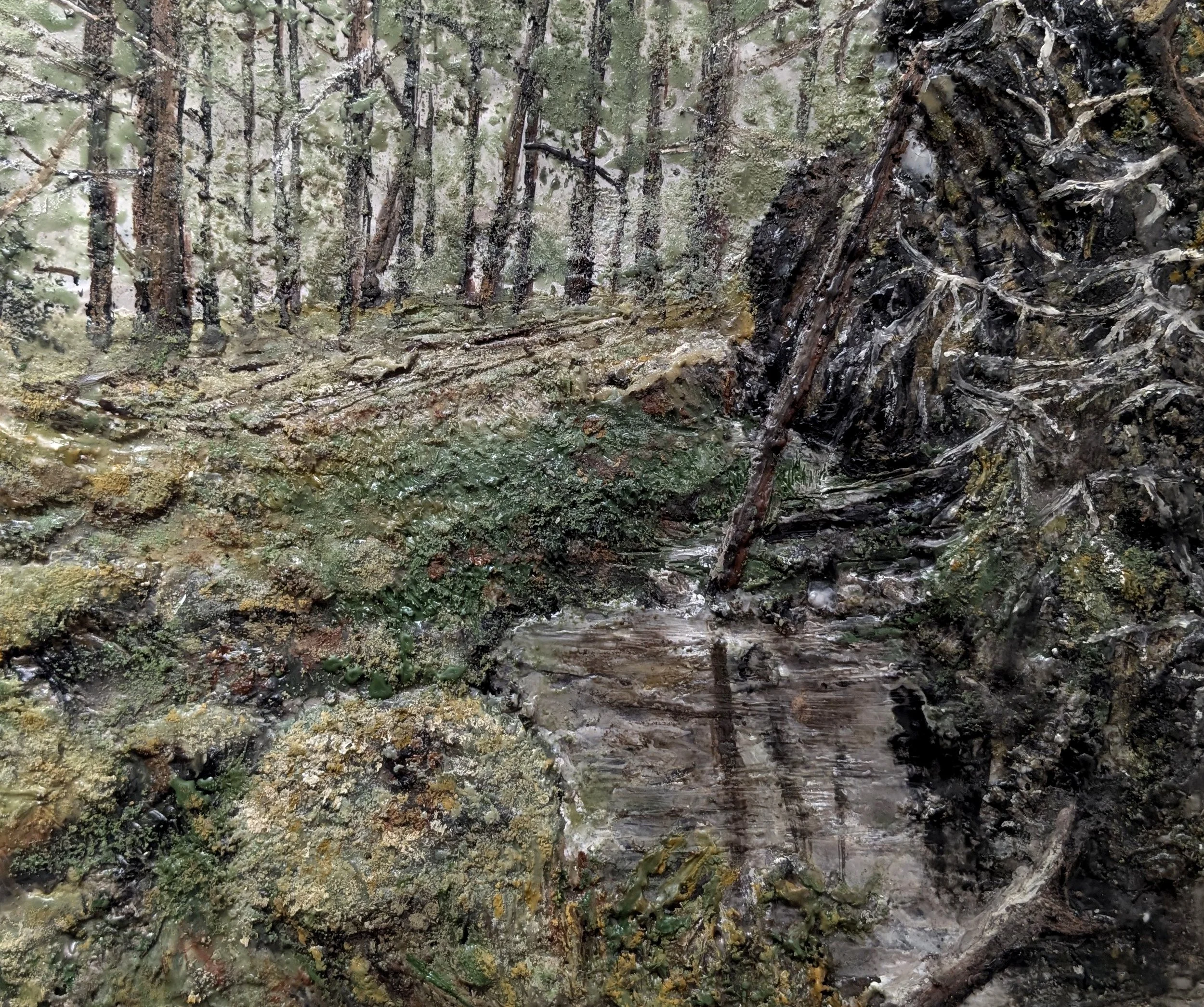 Abounding in Stillness
encaustic and moss on paperboard
12.25’’ x 14’’ (Framed 16.25’’ x 18’’)
