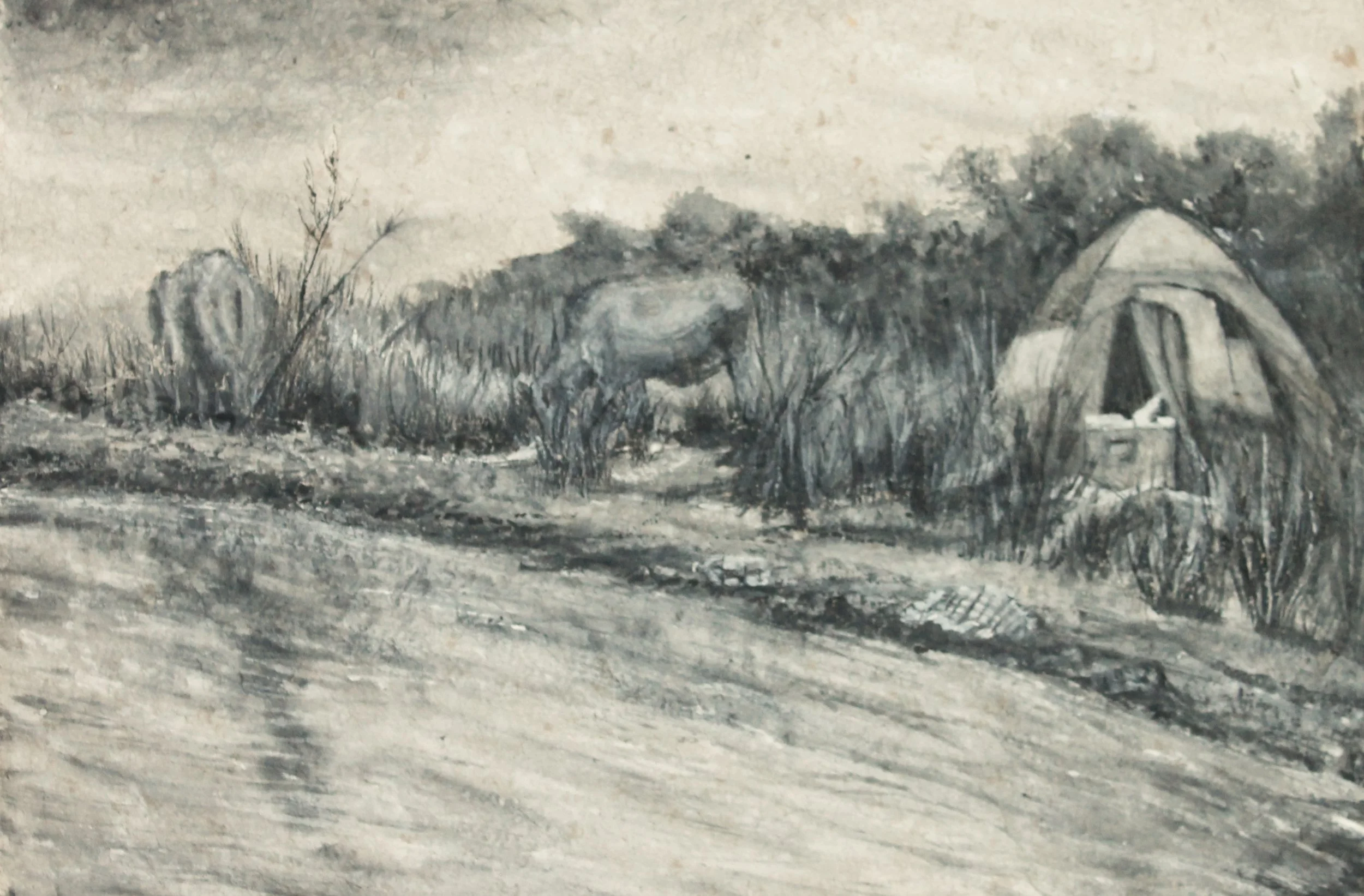 Squatting Cattle, watercolor on recycled paper, 13'' x 18''