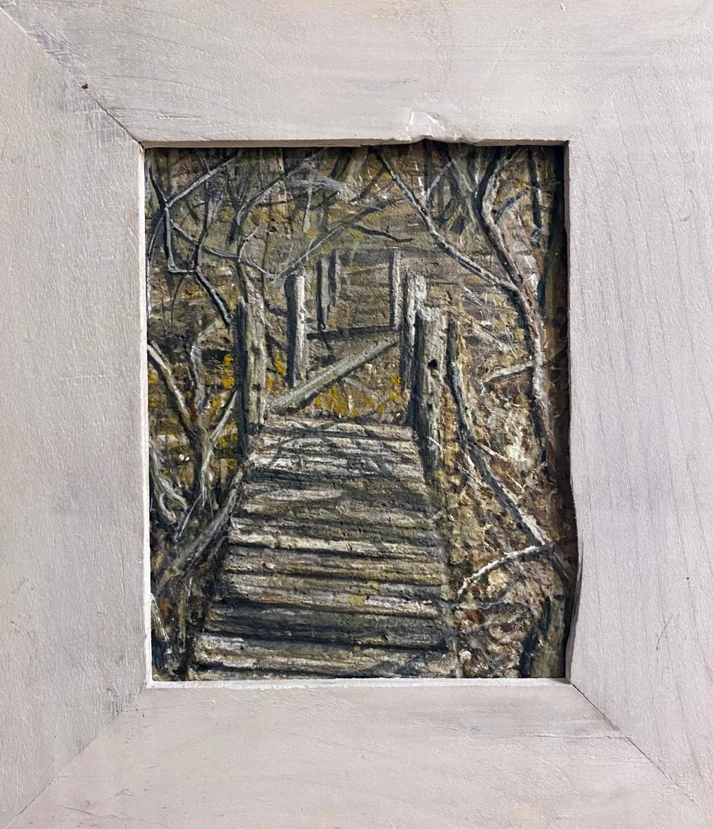 Derelict Boardwalk 3, watercolor, wax emulsion, CaCO3 on recycled paper, 9'' x 7''