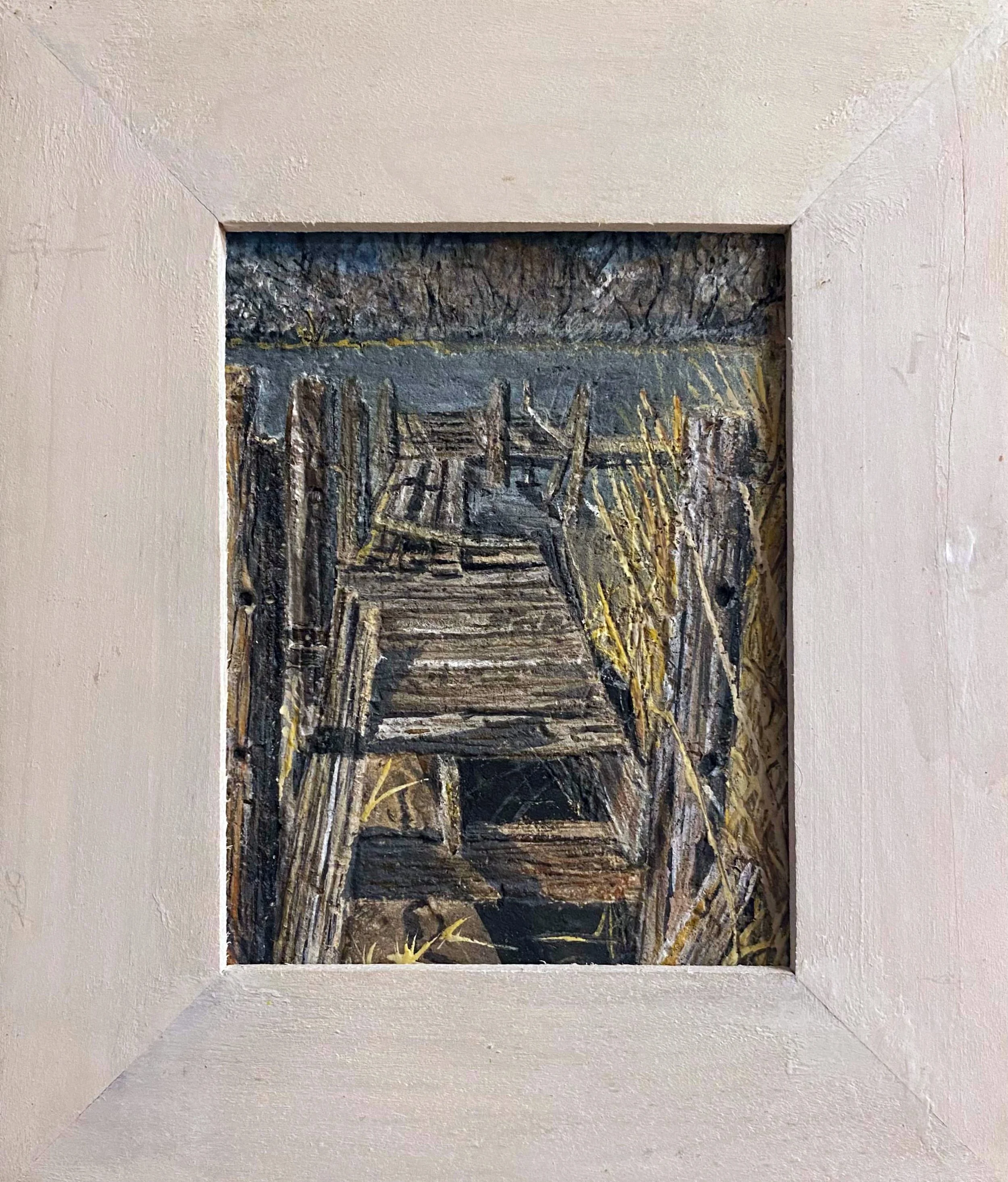 Derelict Boardwalk 2, watercolor, wax emulsion, CaCO3 on recycled paper, 9'' x 7''
