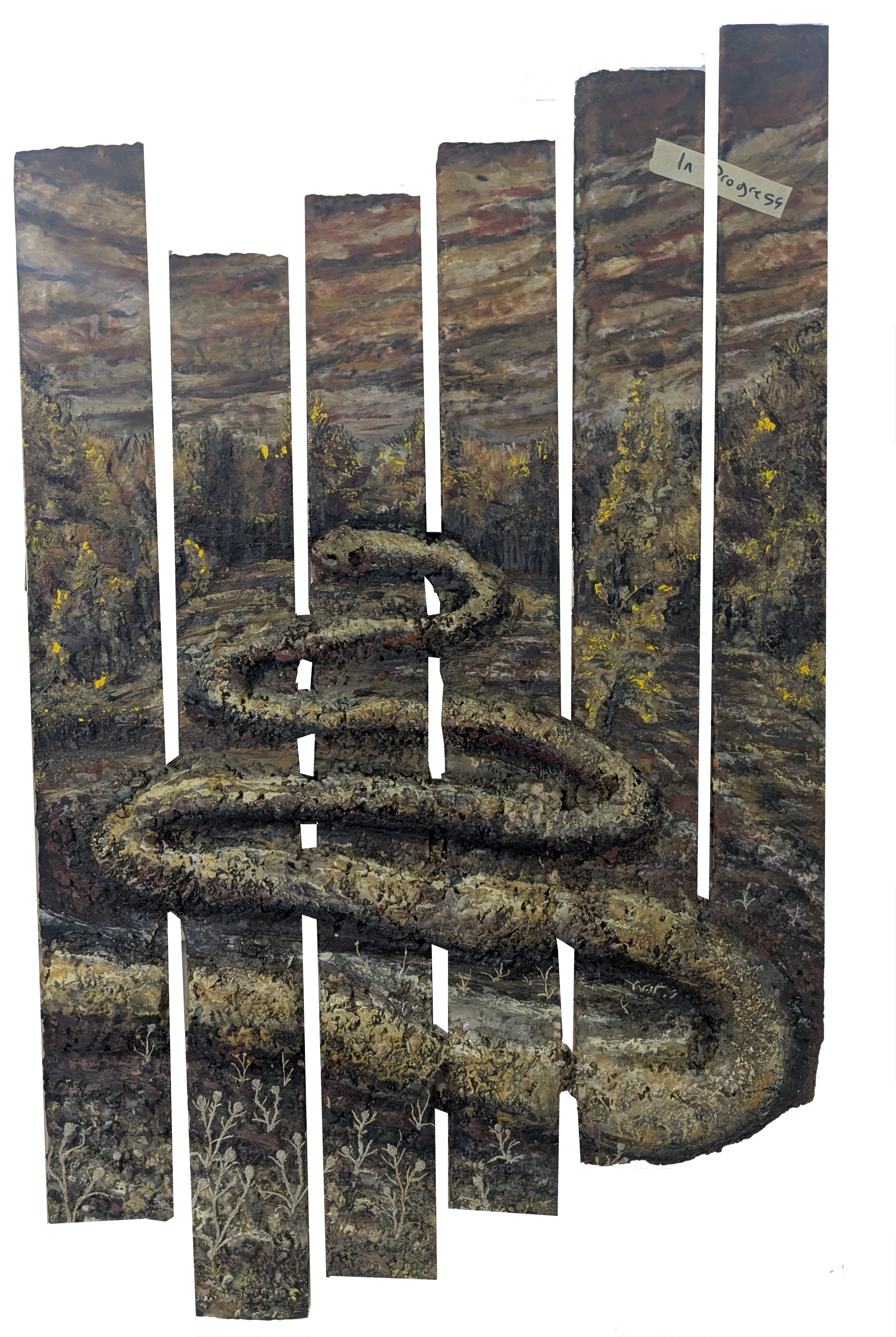 Fenced Out 4: Memories of Serpent Mound, 
Encaustic and moss on wood slats
38.5’’ x 25’’
