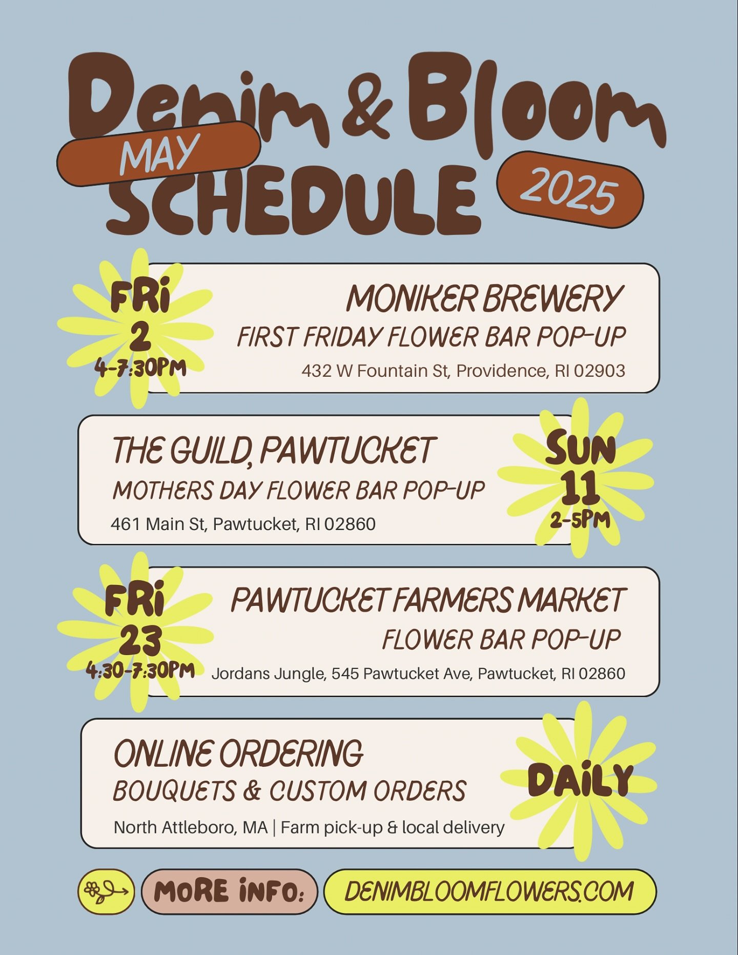 ๐โจDid someone say May?!โจ๐ and with that, the Denim & Bloom pop-up schedule has officially been posted for the month! We are kicking off the market season with our first Flower Bar of 2025. Stop by @monikerbrewery this Friday, May 2nd to say hel