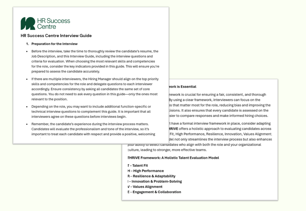 Screenshot of the HR Success Centre Interview Guide document, showing sections on interview preparation, core skills, and talent evaluation framework, with text explaining interview skills and evaluation models.