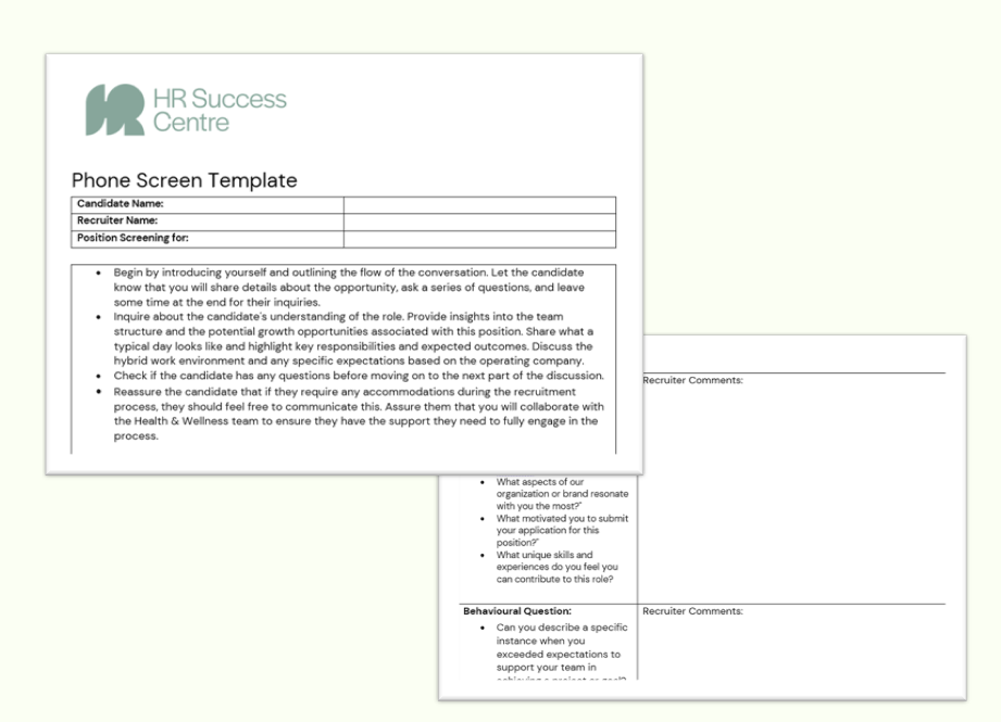 HR Success Centre phone screen template with sections for candidate name, recruiter name, position, and interview questions.