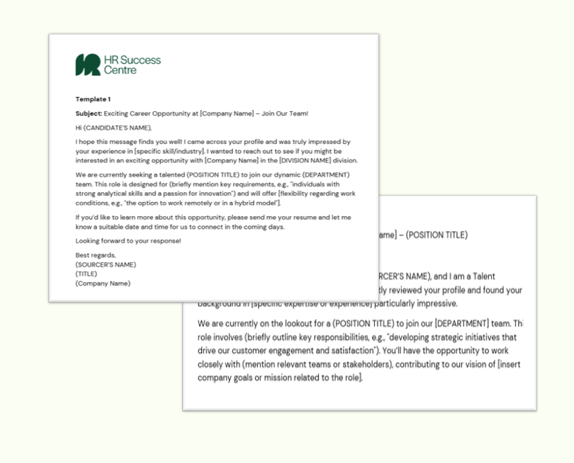 A professional job recruitment email template from HR Success Centre with a logo at the top, including sections for candidate information and role details.