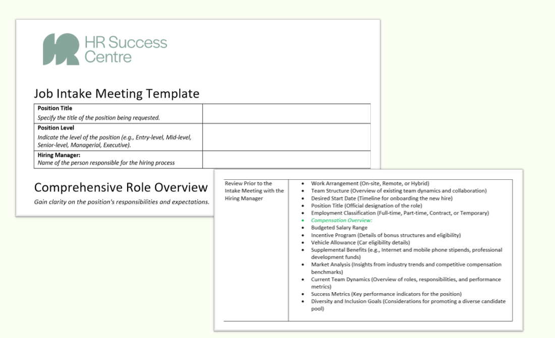 HR Success Centre job intake meeting template and comprehensive role overview document.