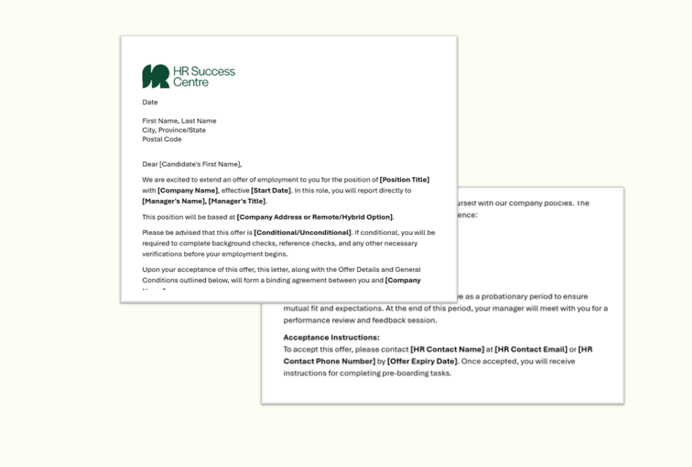 HR success center offer of employment letter template with placeholders for job details and contact information.